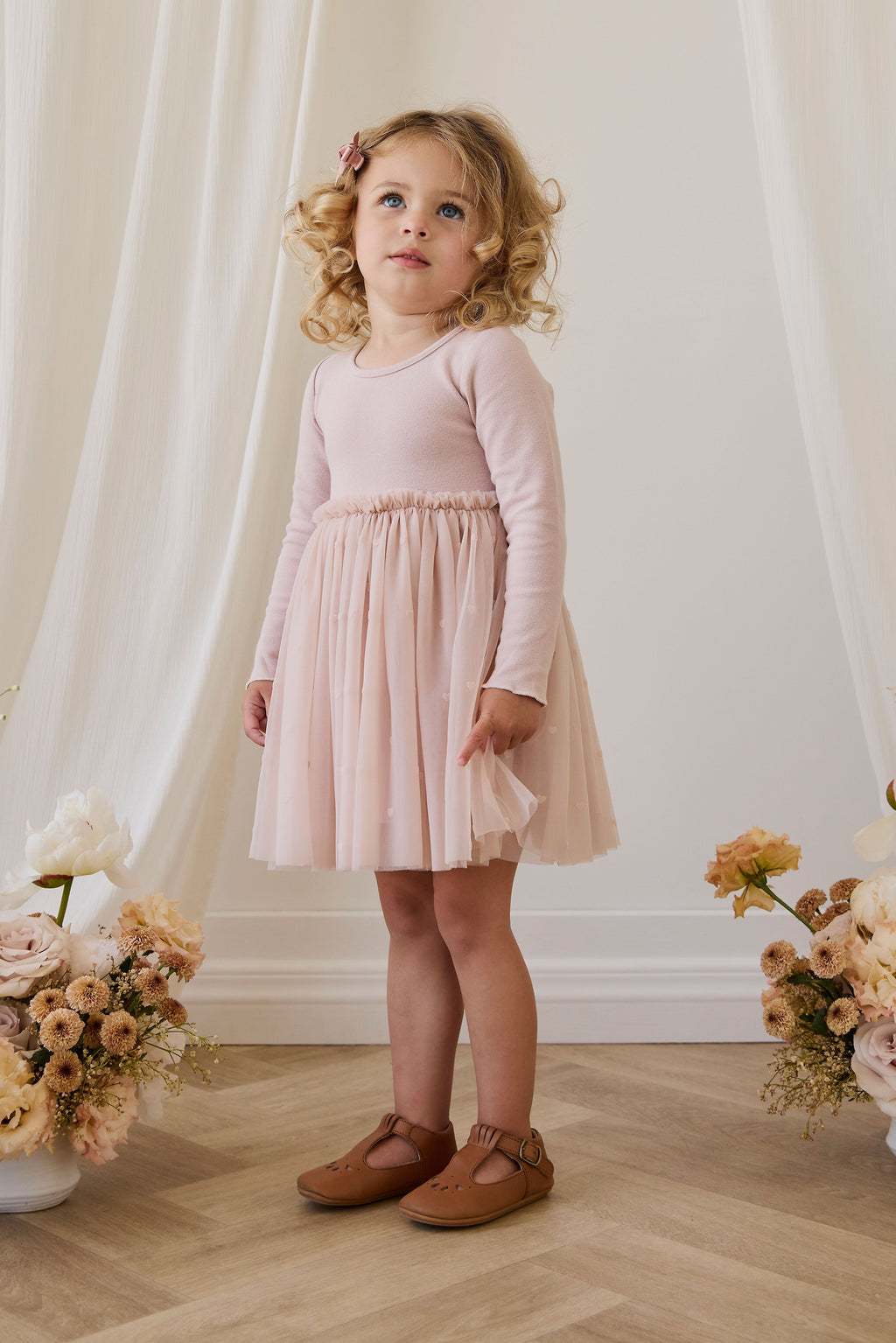 Robe de soirée à manches longues en coton rose et jupe en tulle pour fille