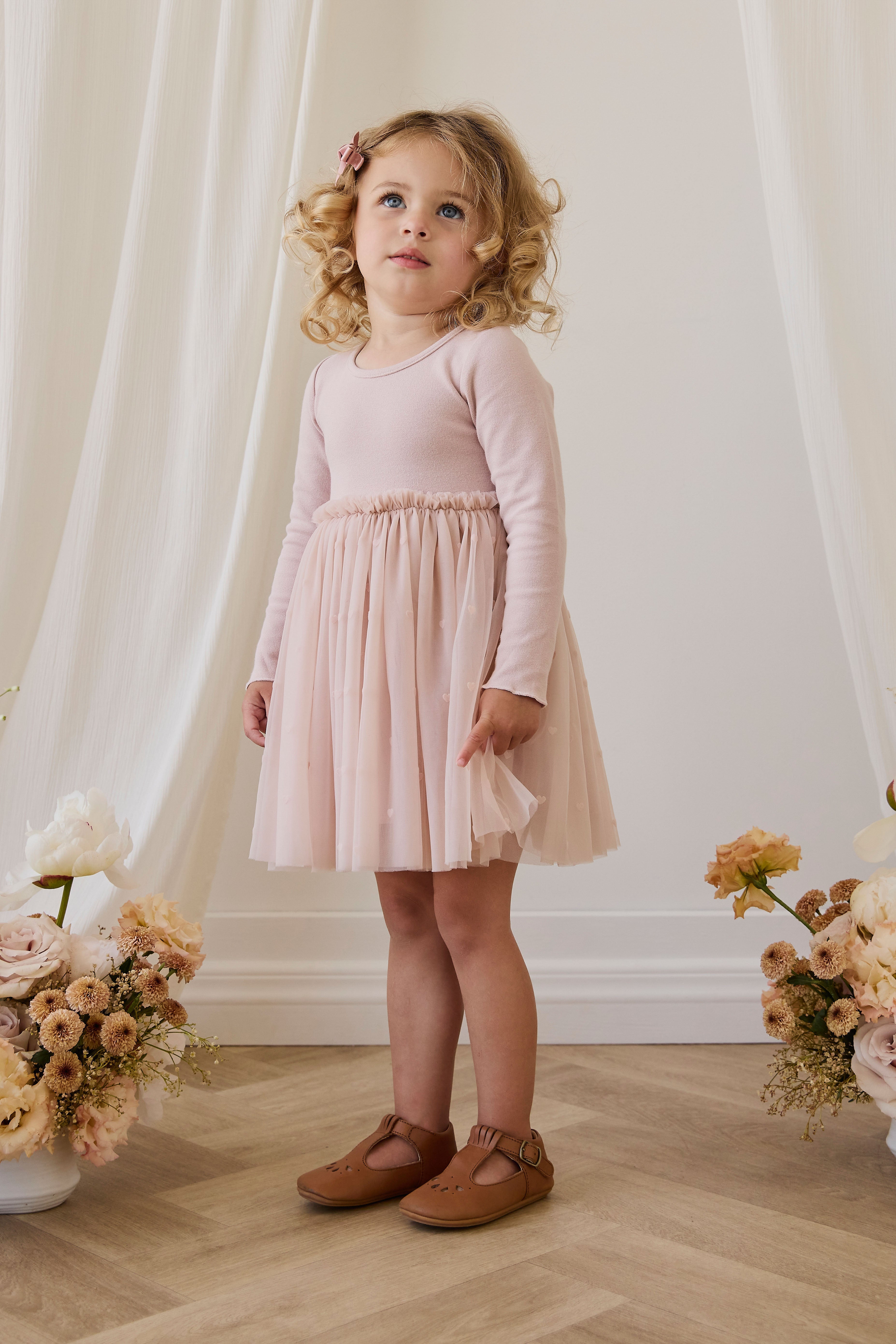 Robe de soirée à manches longues en coton rose et jupe en tulle pour fille
