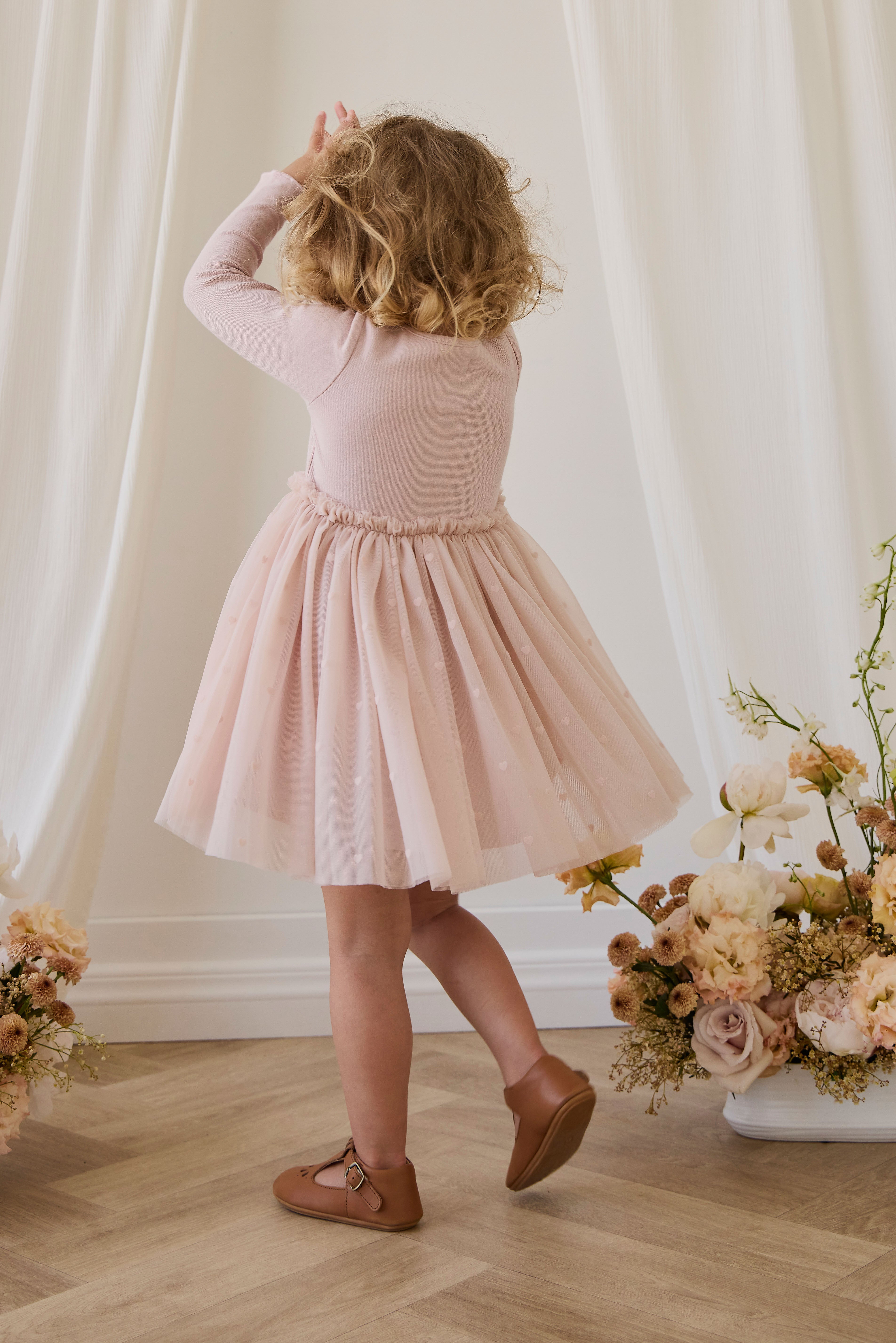 Robe de soirée à manches longues en coton rose et jupe en tulle pour fille