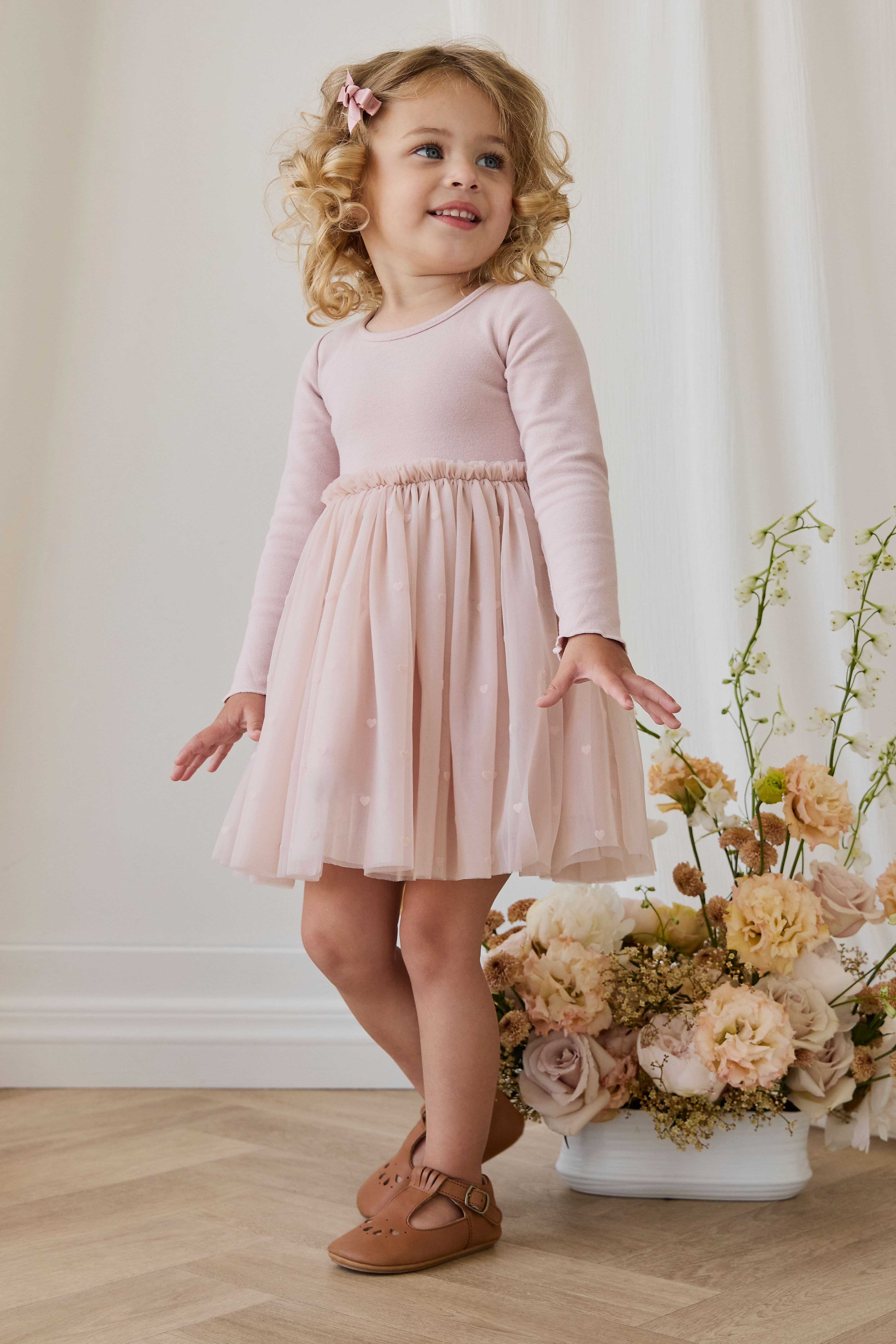Robe de soirée à manches longues en coton rose et jupe en tulle pour fille