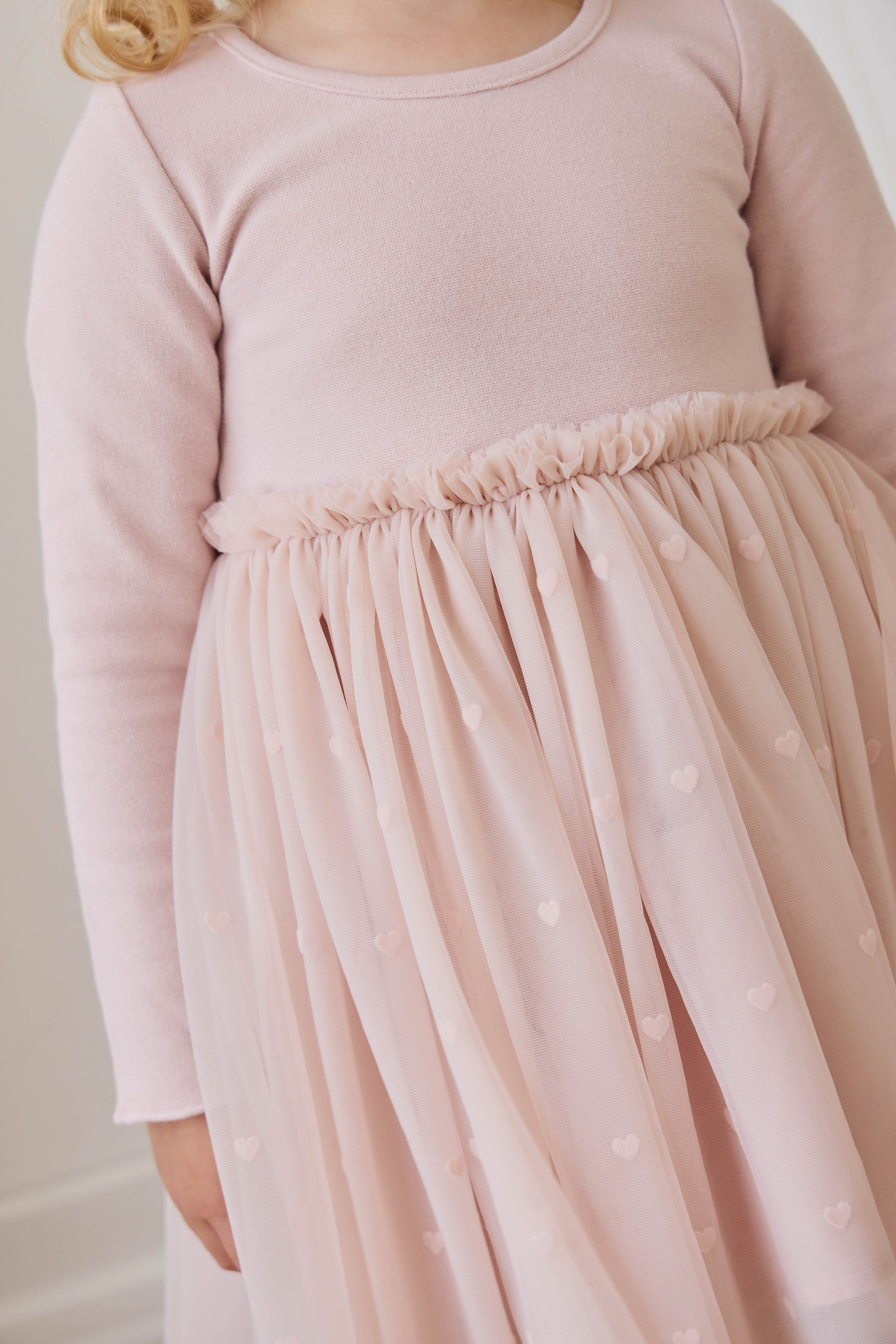 Robe de soirée à manches longues en coton rose et jupe en tulle pour fille