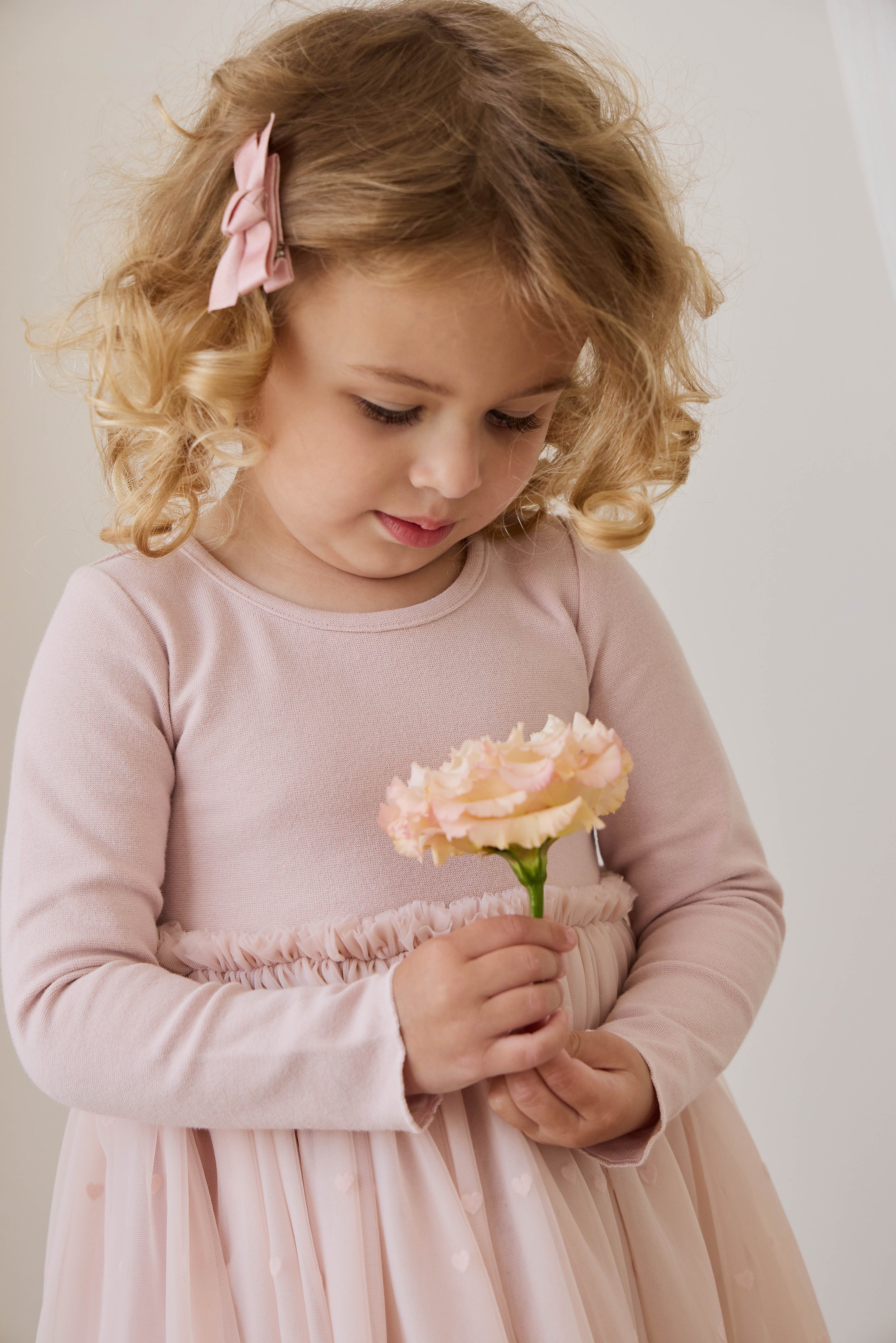 Robe de soirée à manches longues en coton rose et jupe en tulle pour fille
