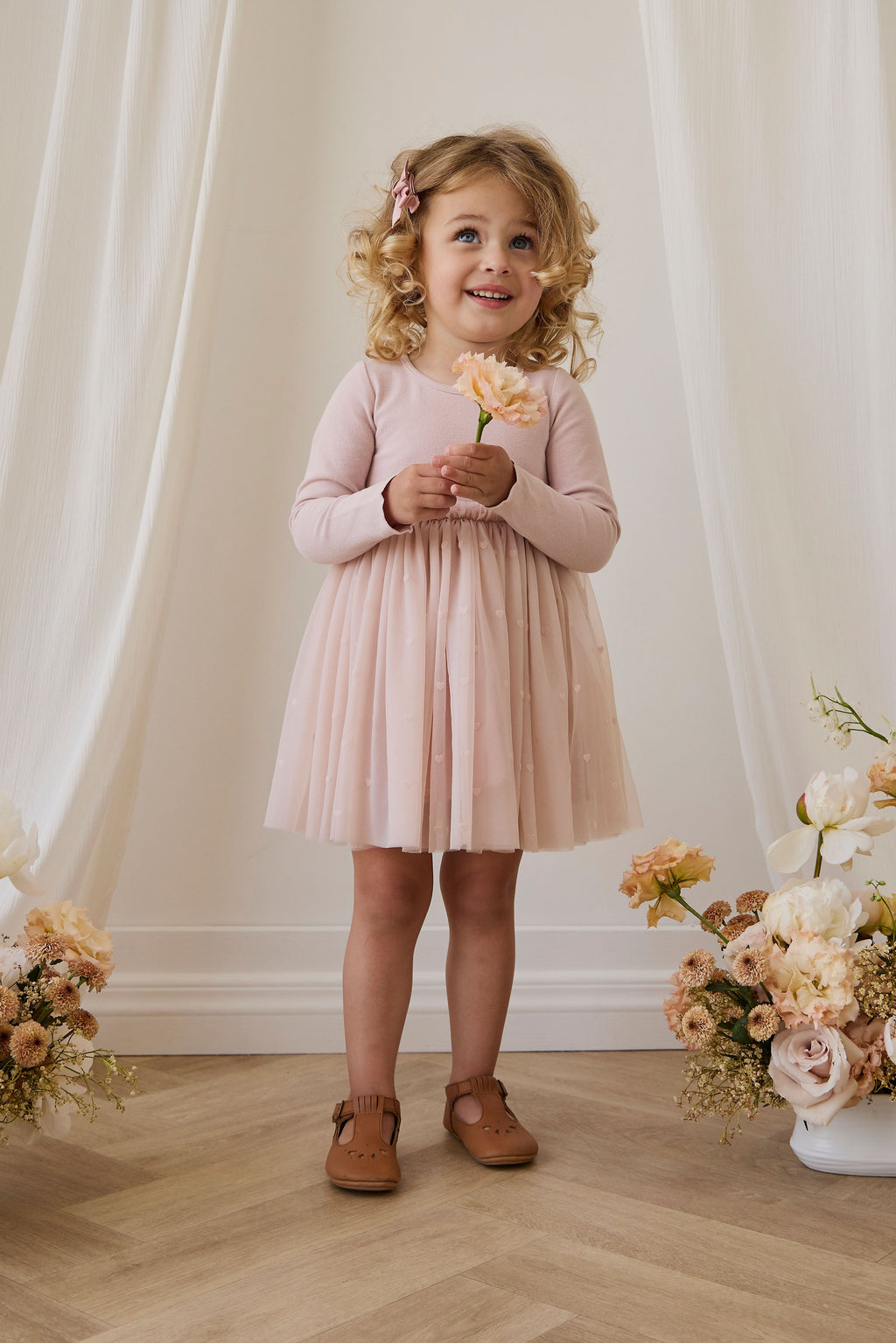 Robe de soirée à manches longues en coton rose et jupe en tulle pour fille