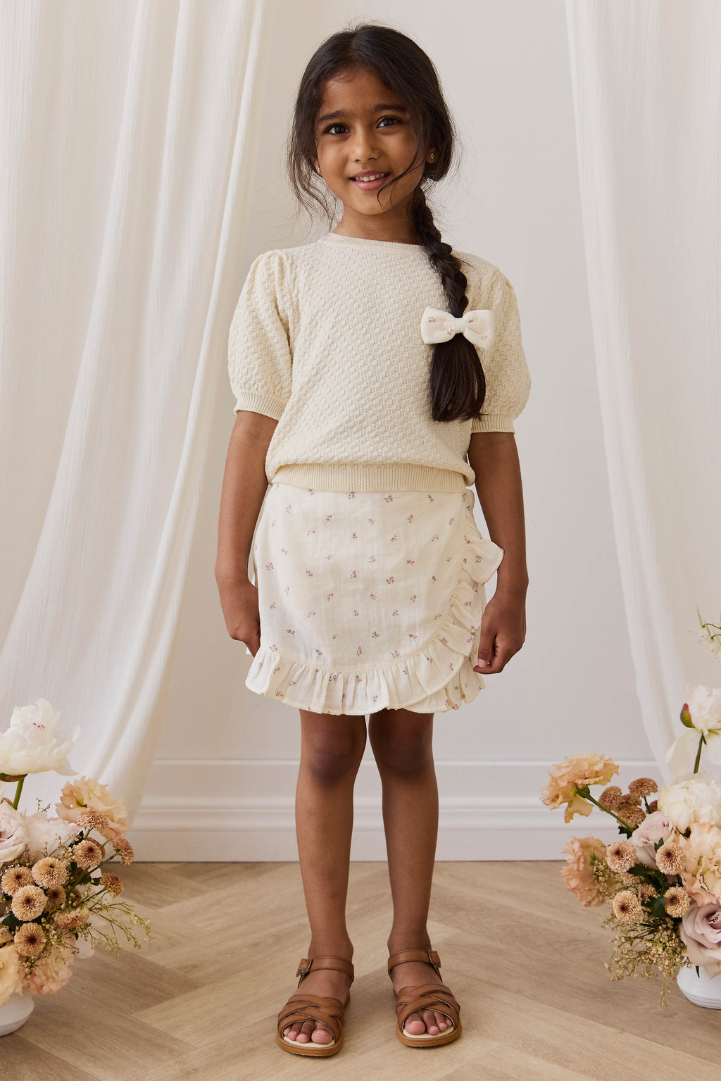 Haut en coton texturé vanille à manches bouffantes pour fille