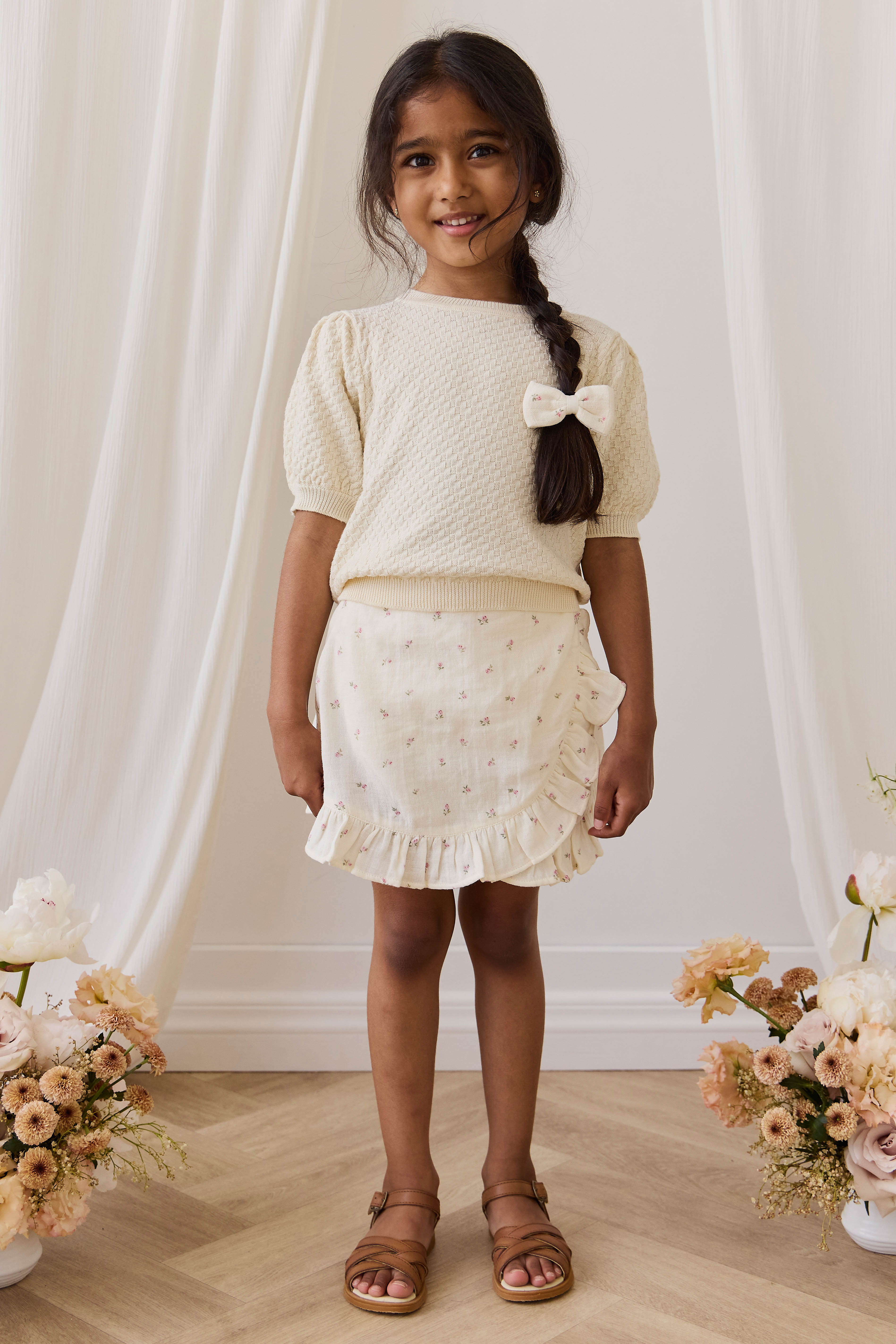 Haut en coton texturé vanille à manches bouffantes pour fille