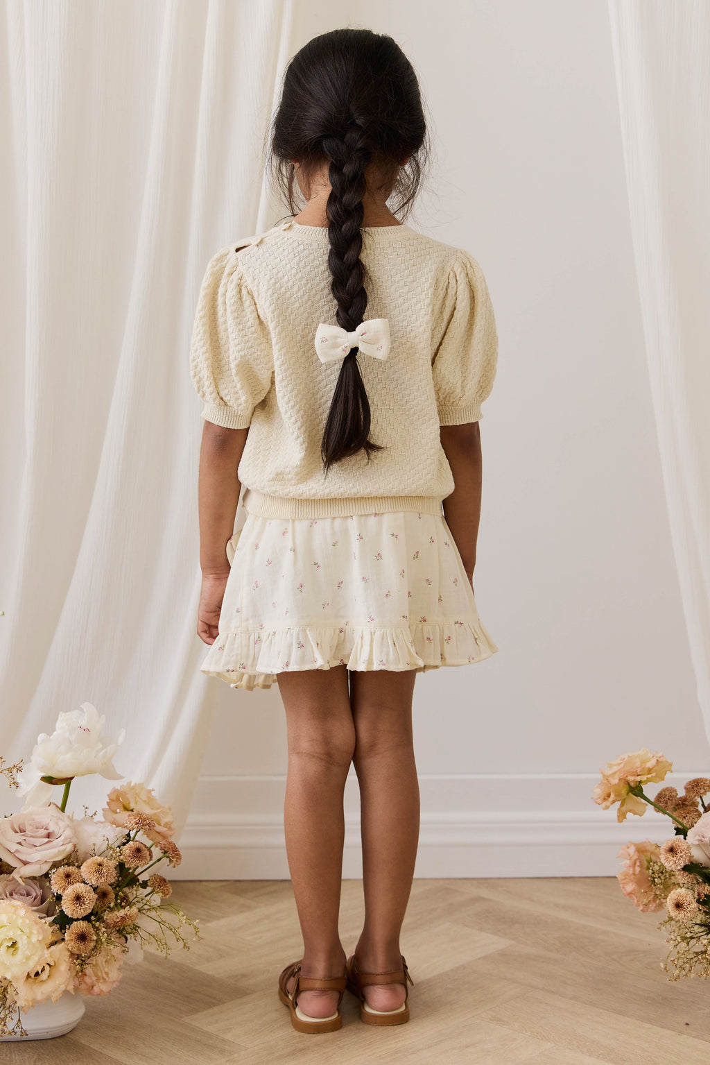 Haut en coton texturé vanille à manches bouffantes pour fille