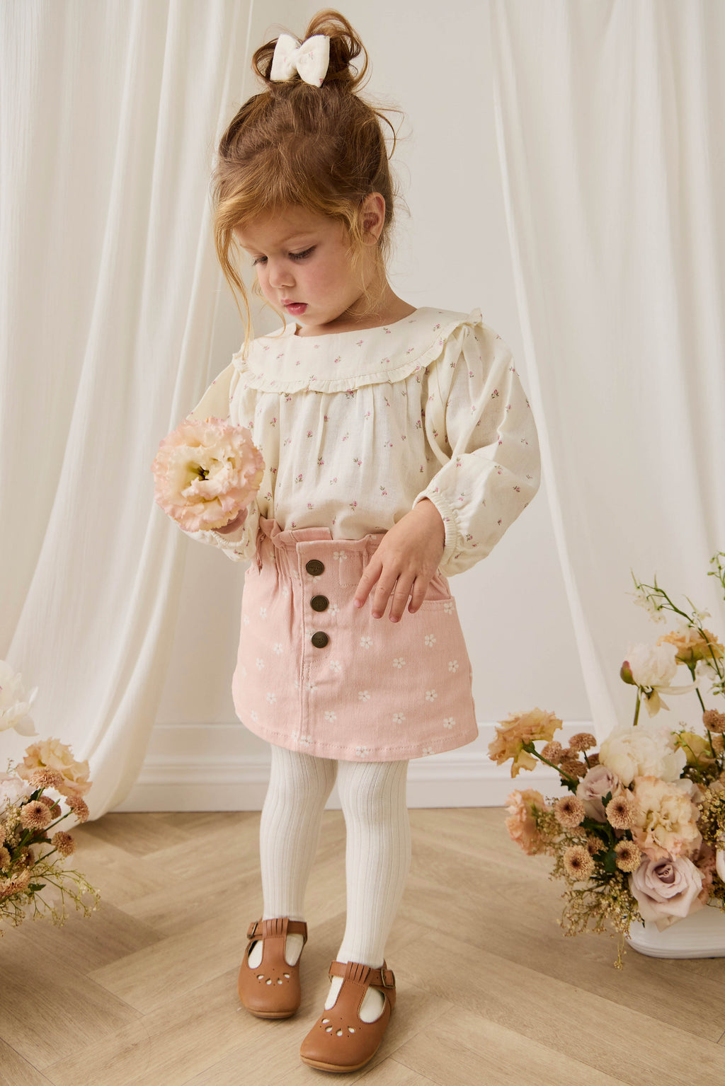 Mini-jupe en coton à taille paperbag et boutons, motif floral rose pour filles