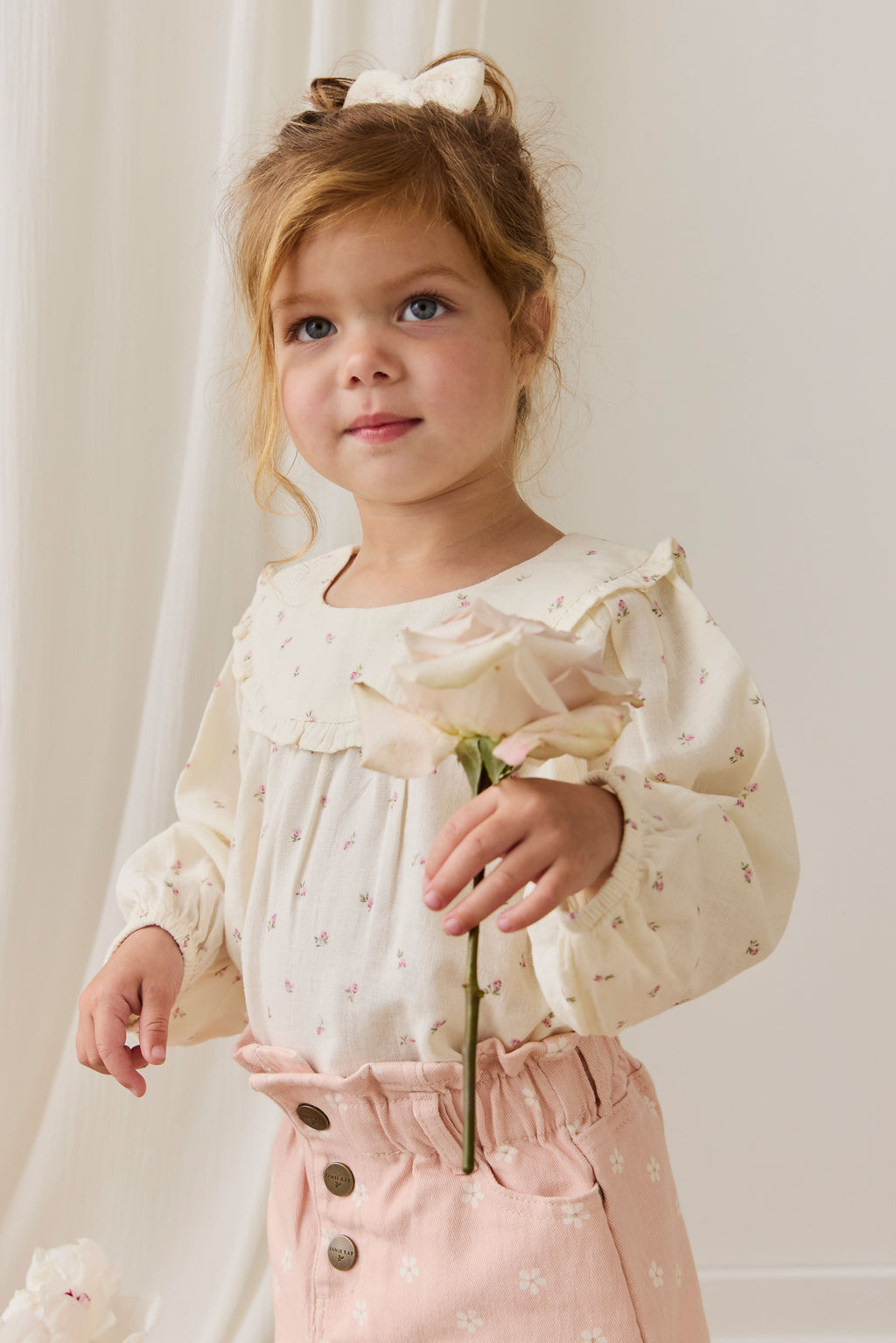 Mini-jupe en coton à taille paperbag et boutons, motif floral rose pour filles