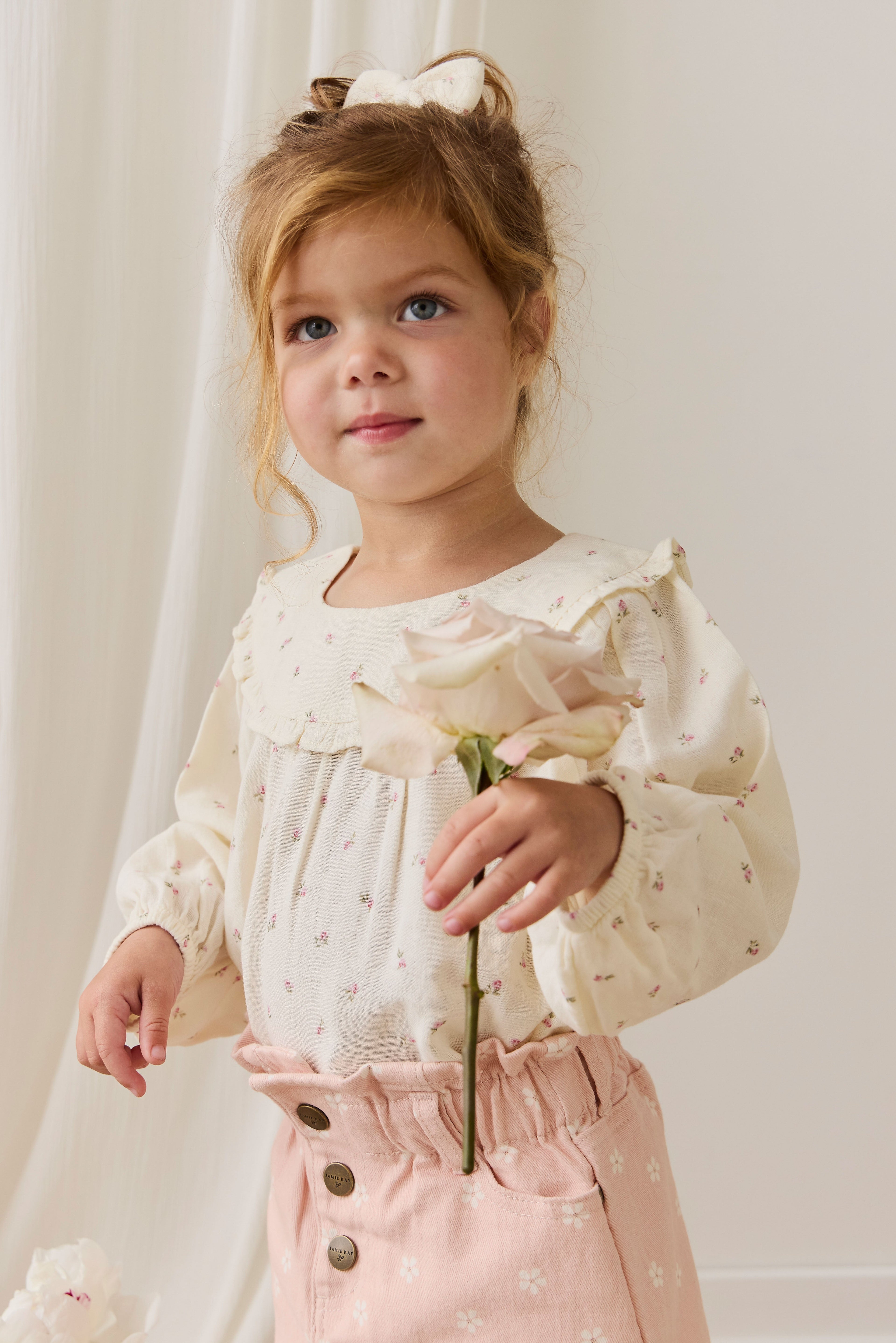 Mini-jupe en coton à taille paperbag et boutons, motif floral rose pour filles