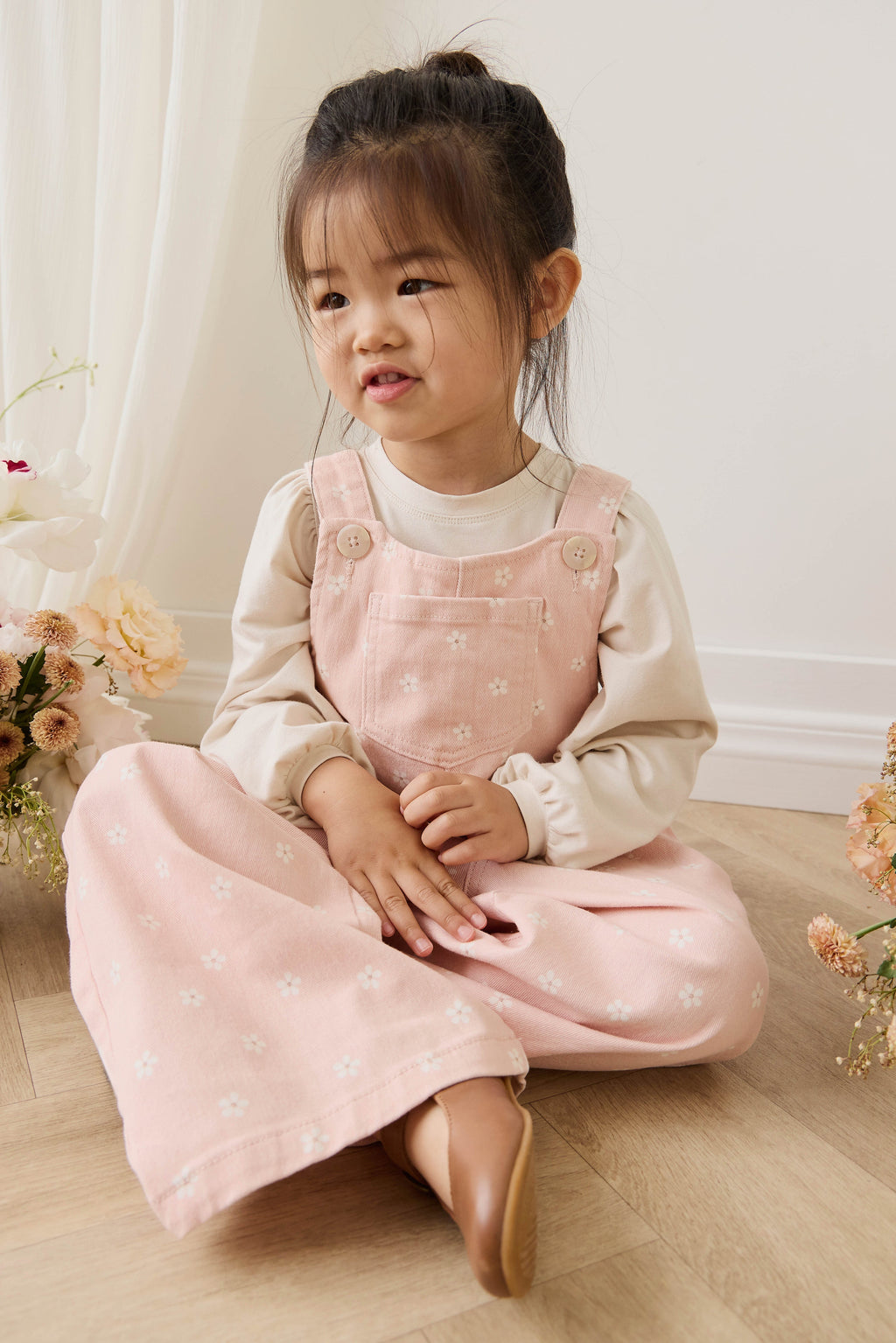 Salopette Fille en Coton Rose à Imprimé Floral et Jambes Larges