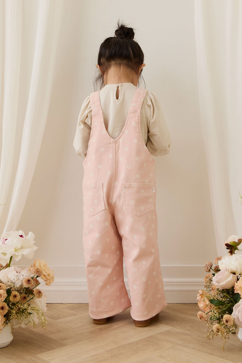 Salopette Fille en Coton Rose à Imprimé Floral et Jambes Larges