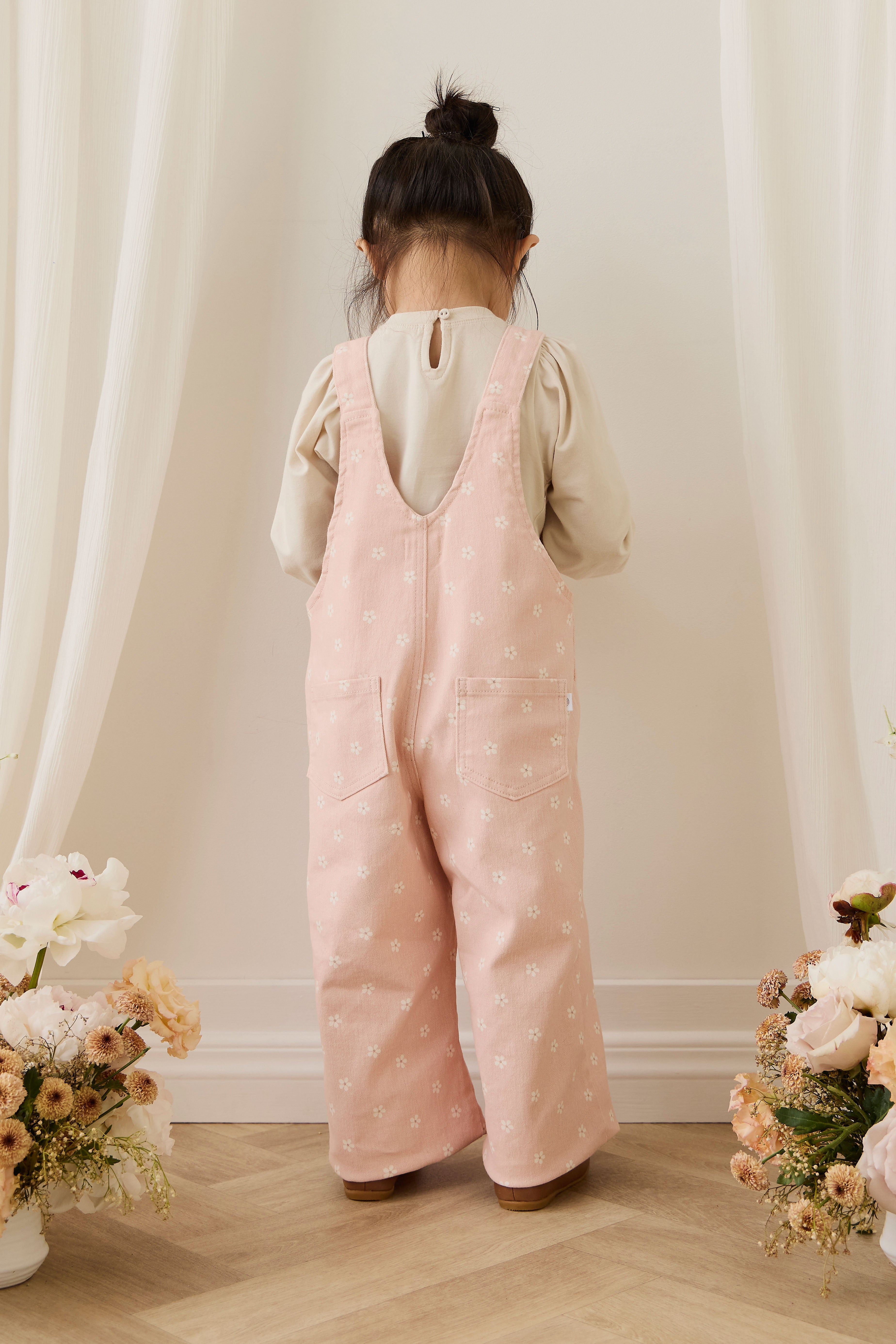 Salopette Fille en Coton Rose à Imprimé Floral et Jambes Larges