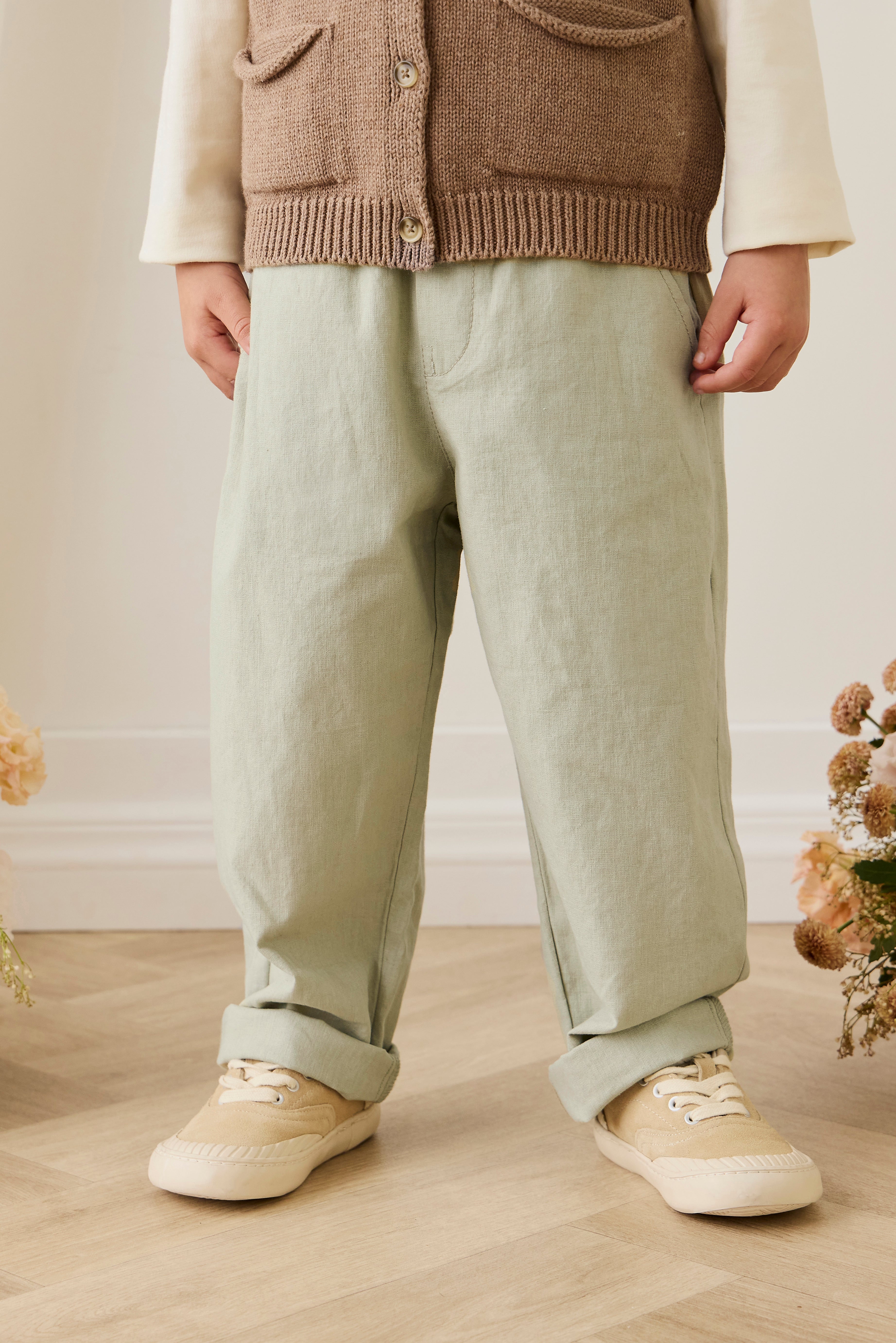 Pantalon à jambe droite en lin et coton vert sauge pour enfants garçons