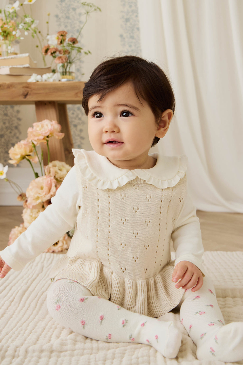 Haut sans manches en tricot texturé pour filles, en coton doux, col festonné, coloris vanille