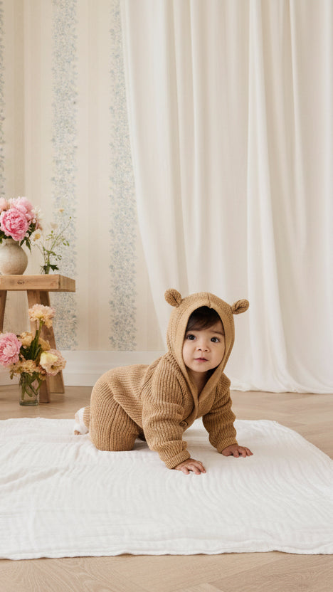 Grenouillère tricotée pour bébé, une pièce chaude et confortable, couleur brun fauve avec capuche à oreilles d'ours