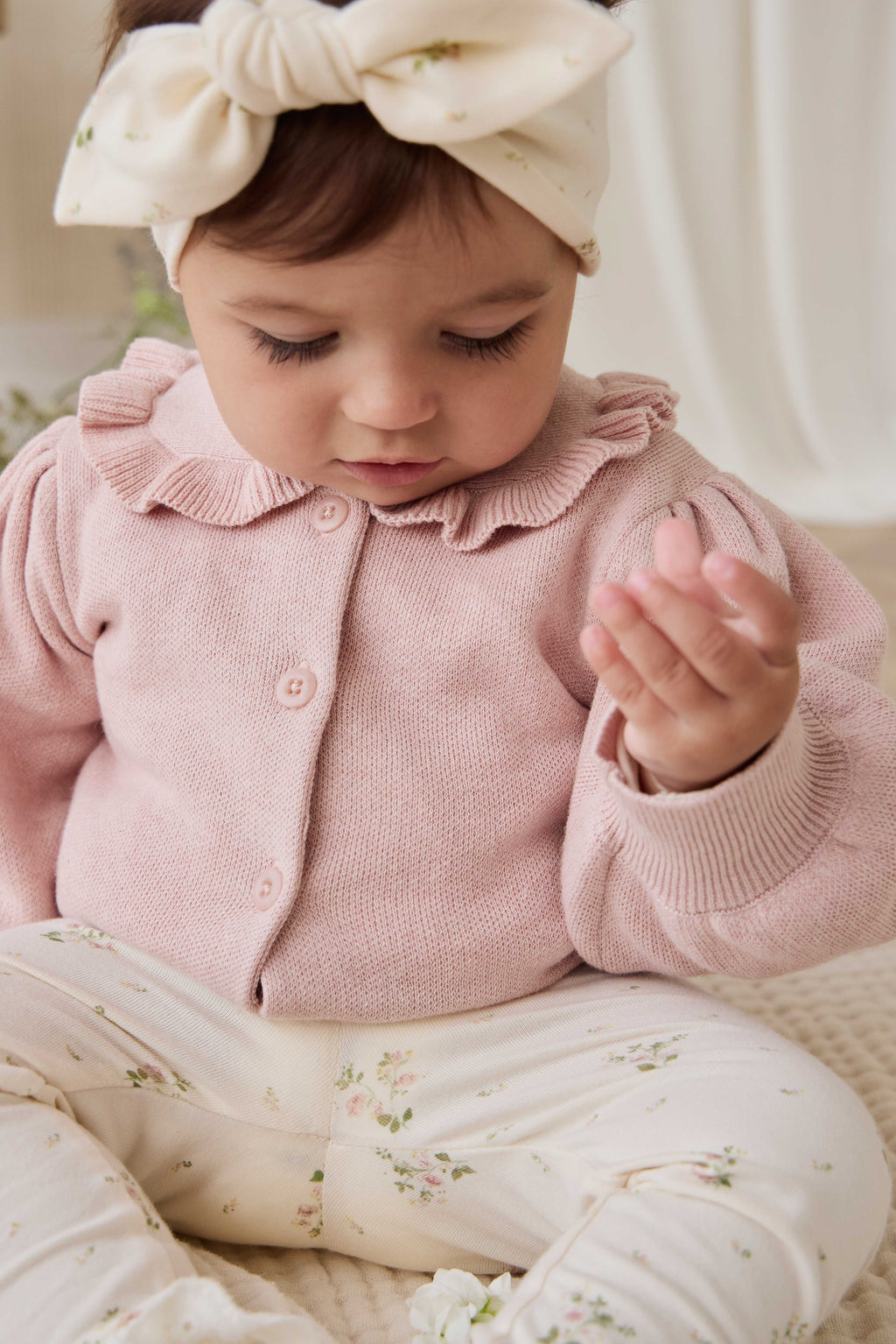 Gilet en Coton Tricoté Rose Pêche à Volants et Manches Bouffantes pour Filles