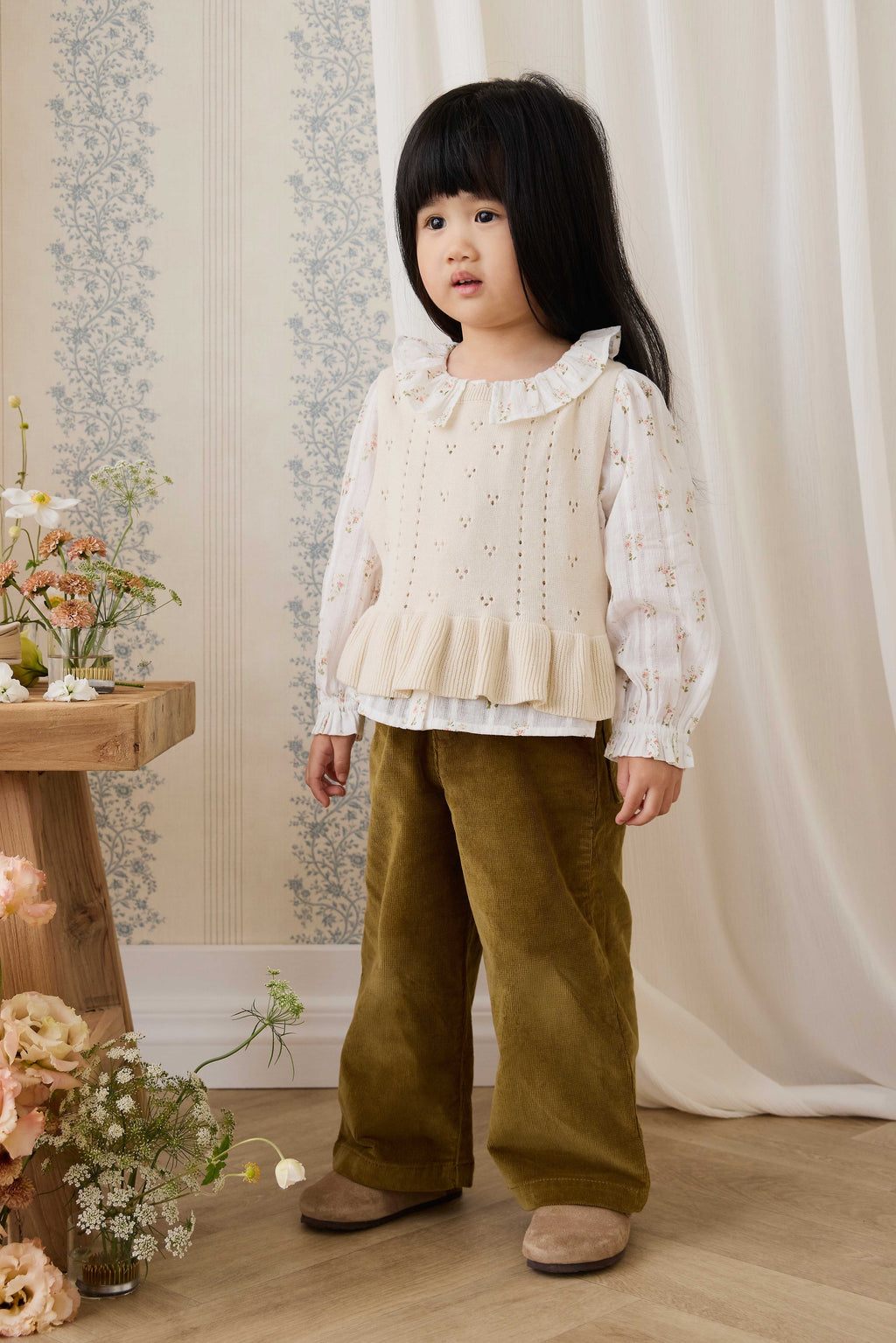 Haut sans manches en tricot texturé pour filles, en coton doux, col festonné, coloris vanille