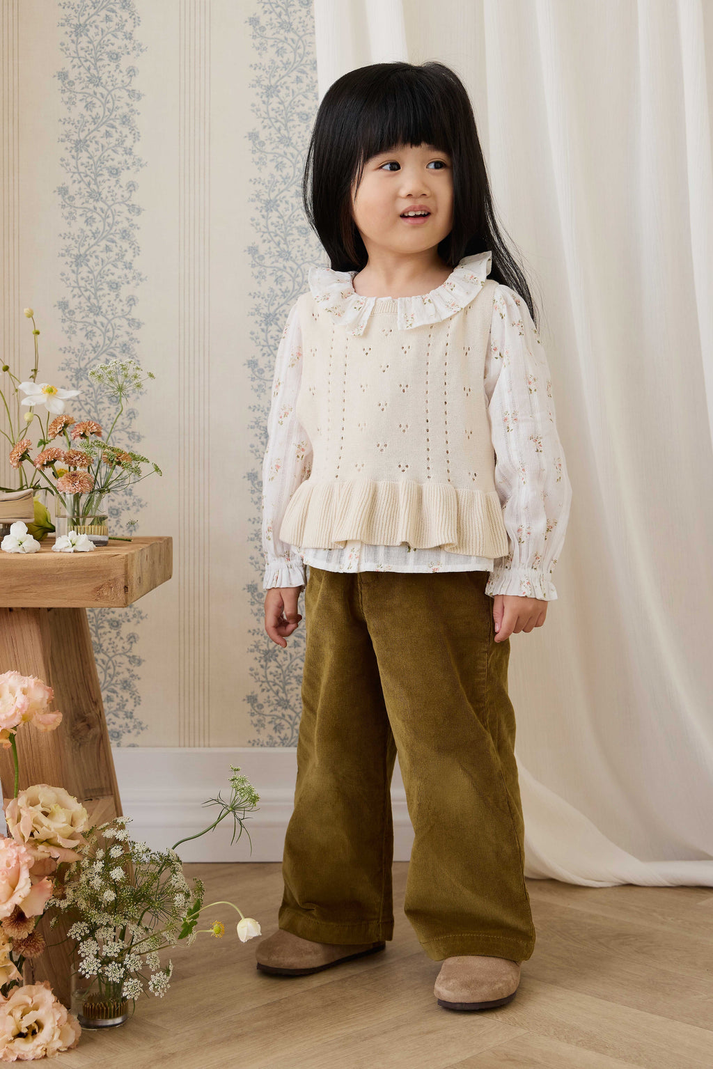 Haut sans manches en tricot texturé pour filles, en coton doux, col festonné, coloris vanille