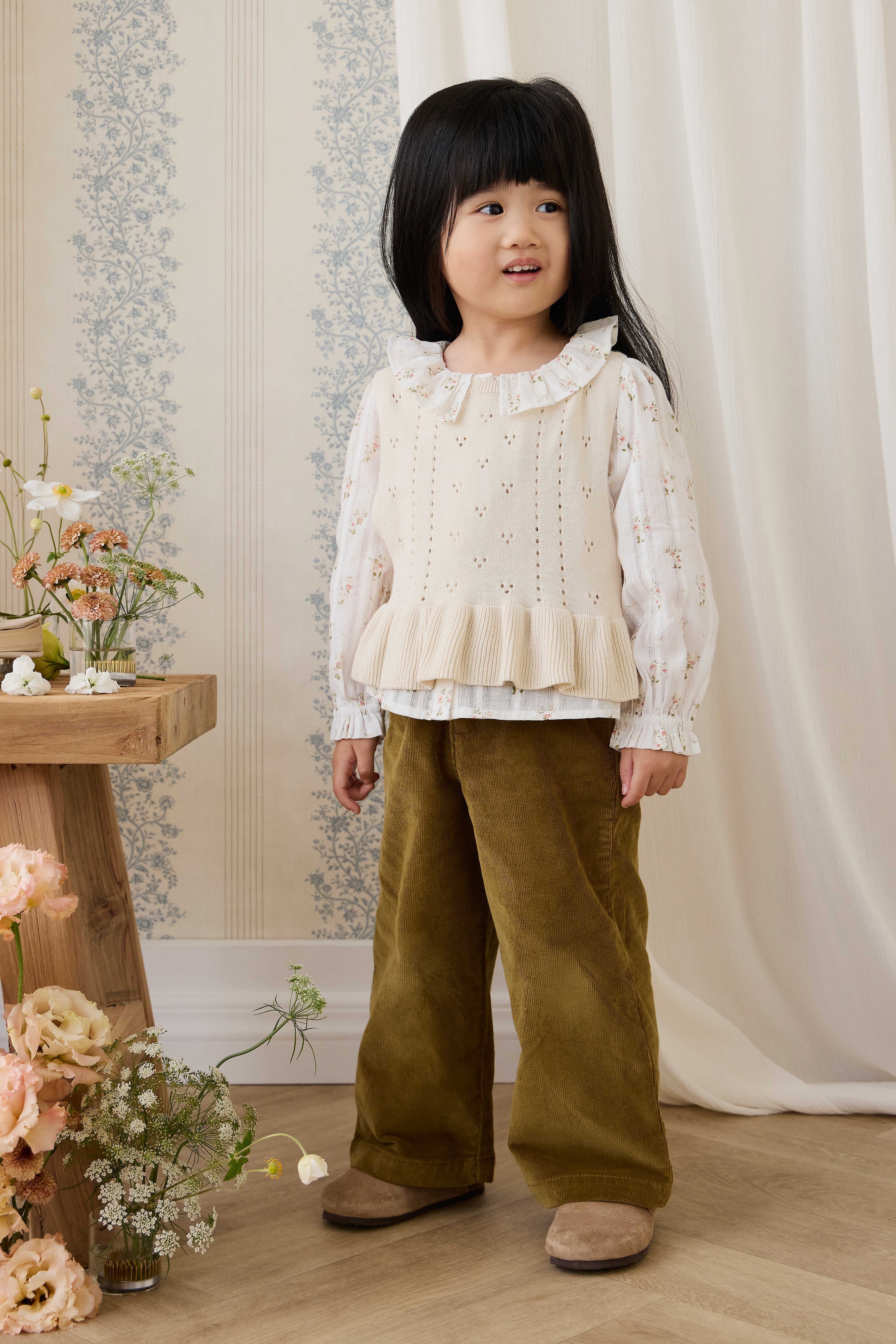Haut sans manches en tricot texturé pour filles, en coton doux, col festonné, coloris vanille