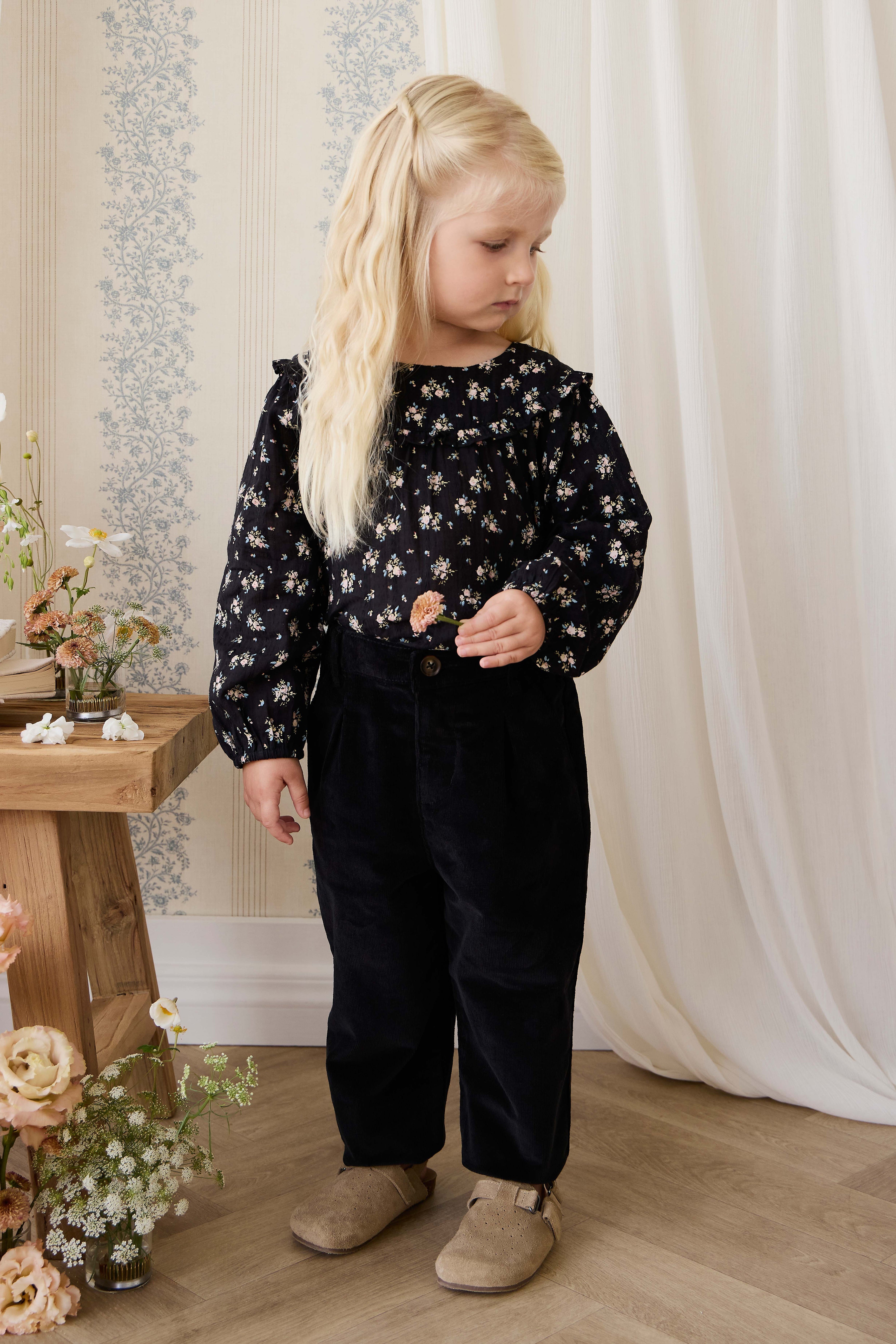 Pantalon droit noir en coton pour fille, taille élastique, pour tous les jours