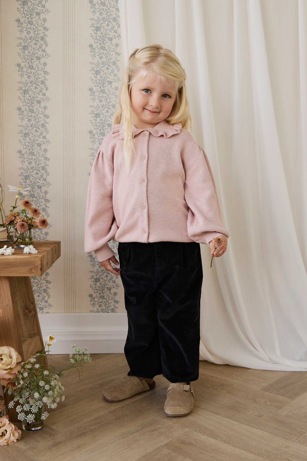 Gilet en Coton Tricoté Rose Pêche à Volants et Manches Bouffantes pour Filles