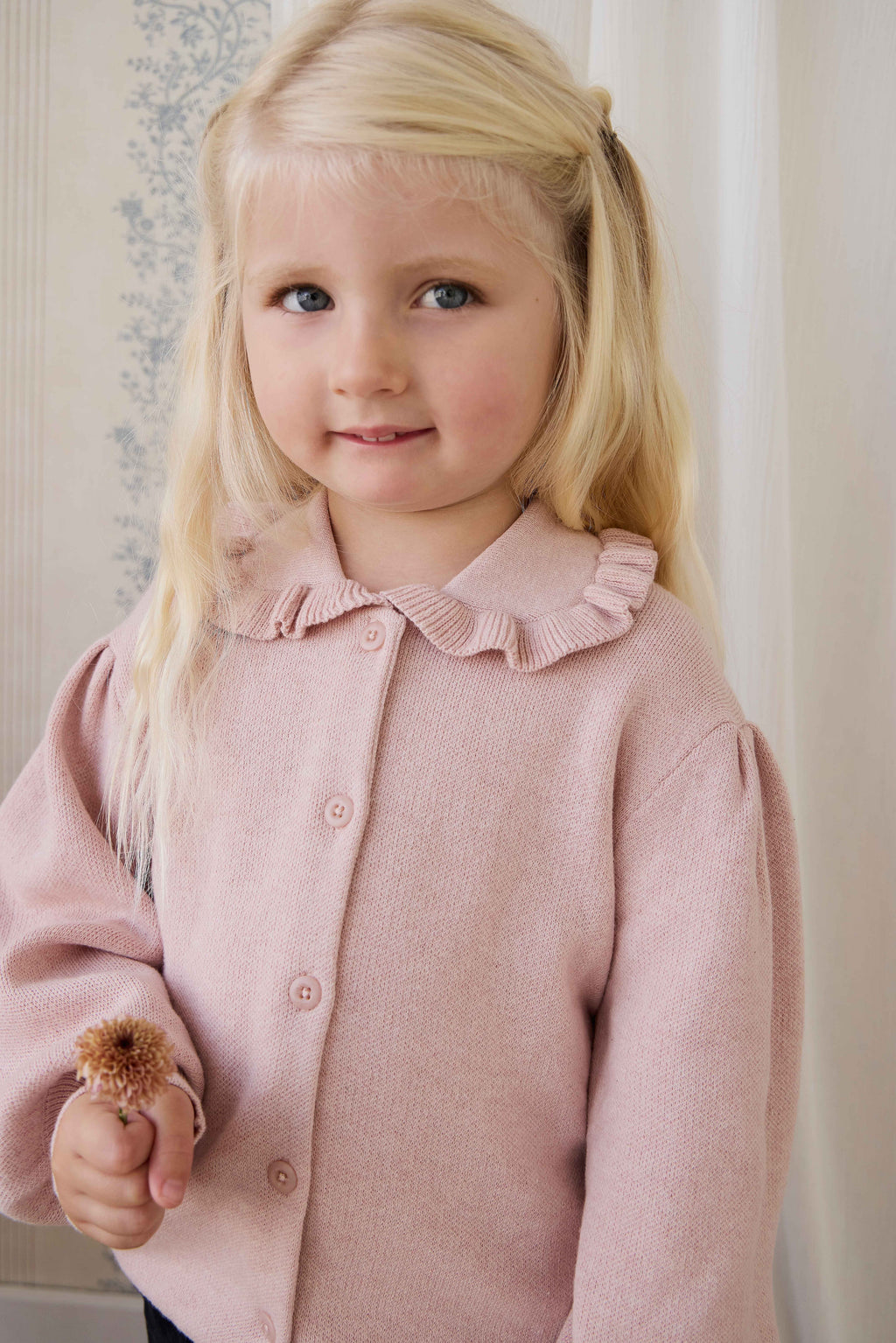 Gilet en Coton Tricoté Rose Pêche à Volants et Manches Bouffantes pour Filles