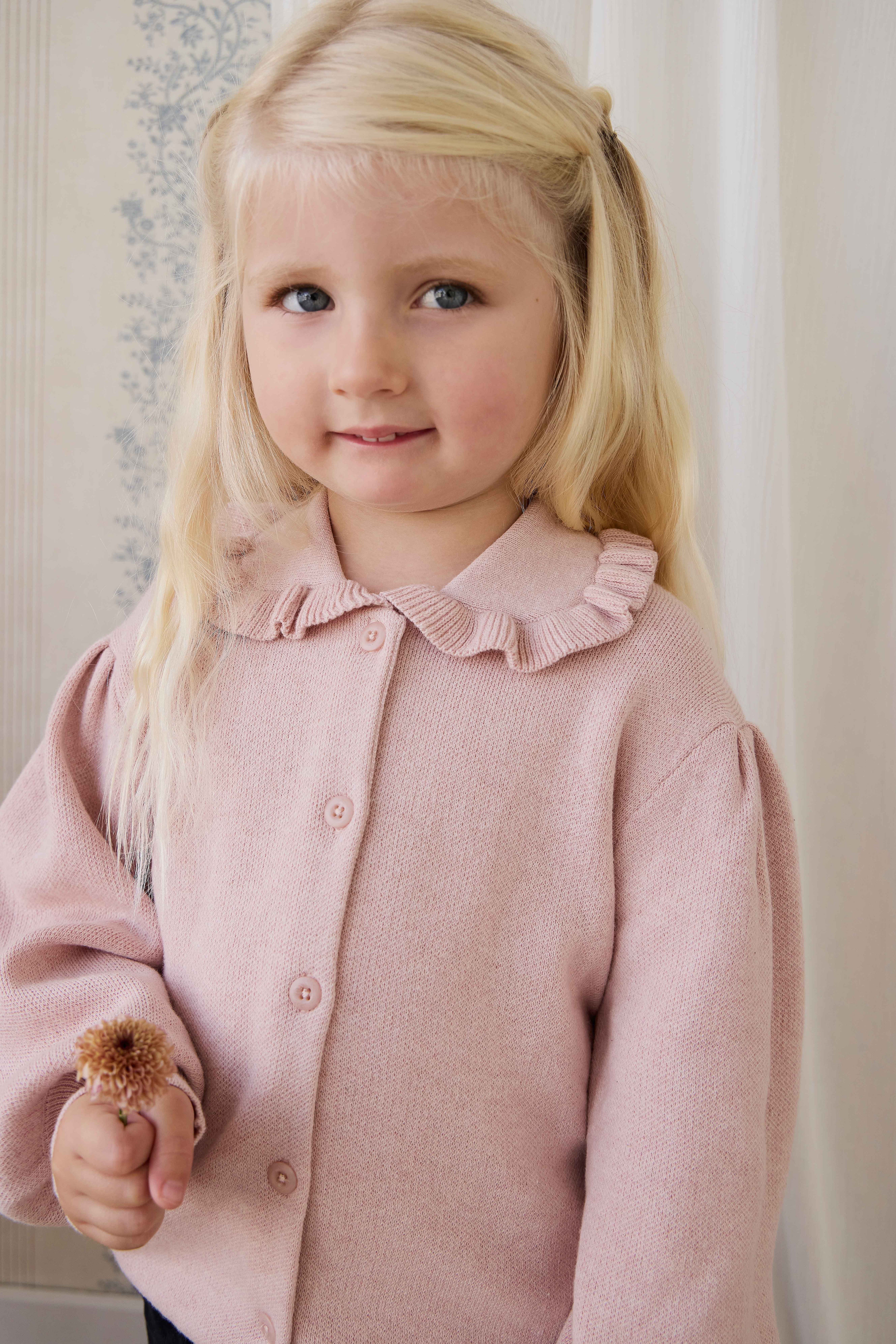 Gilet en Coton Tricoté Rose Pêche à Volants et Manches Bouffantes pour Filles