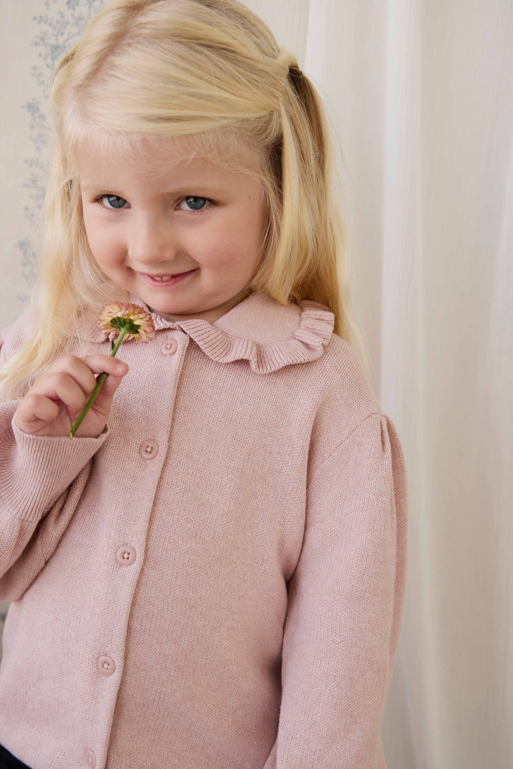 Gilet en Coton Tricoté Rose Pêche à Volants et Manches Bouffantes pour Filles