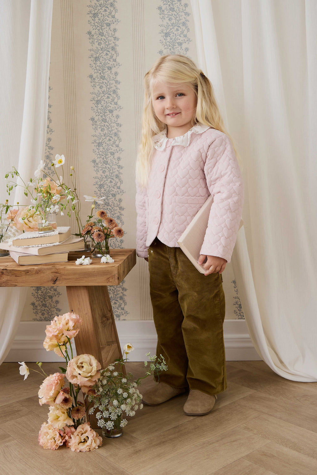 Veste boutonnée en velours côtelé matelassé rose brumeux pour filles, en coton chaud