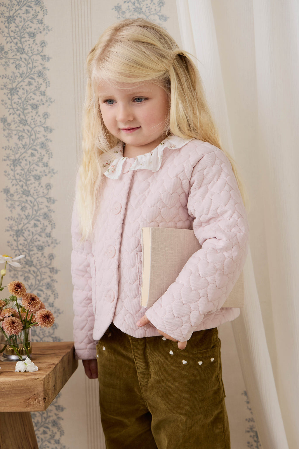 Veste boutonnée en velours côtelé matelassé rose brumeux pour filles, en coton chaud