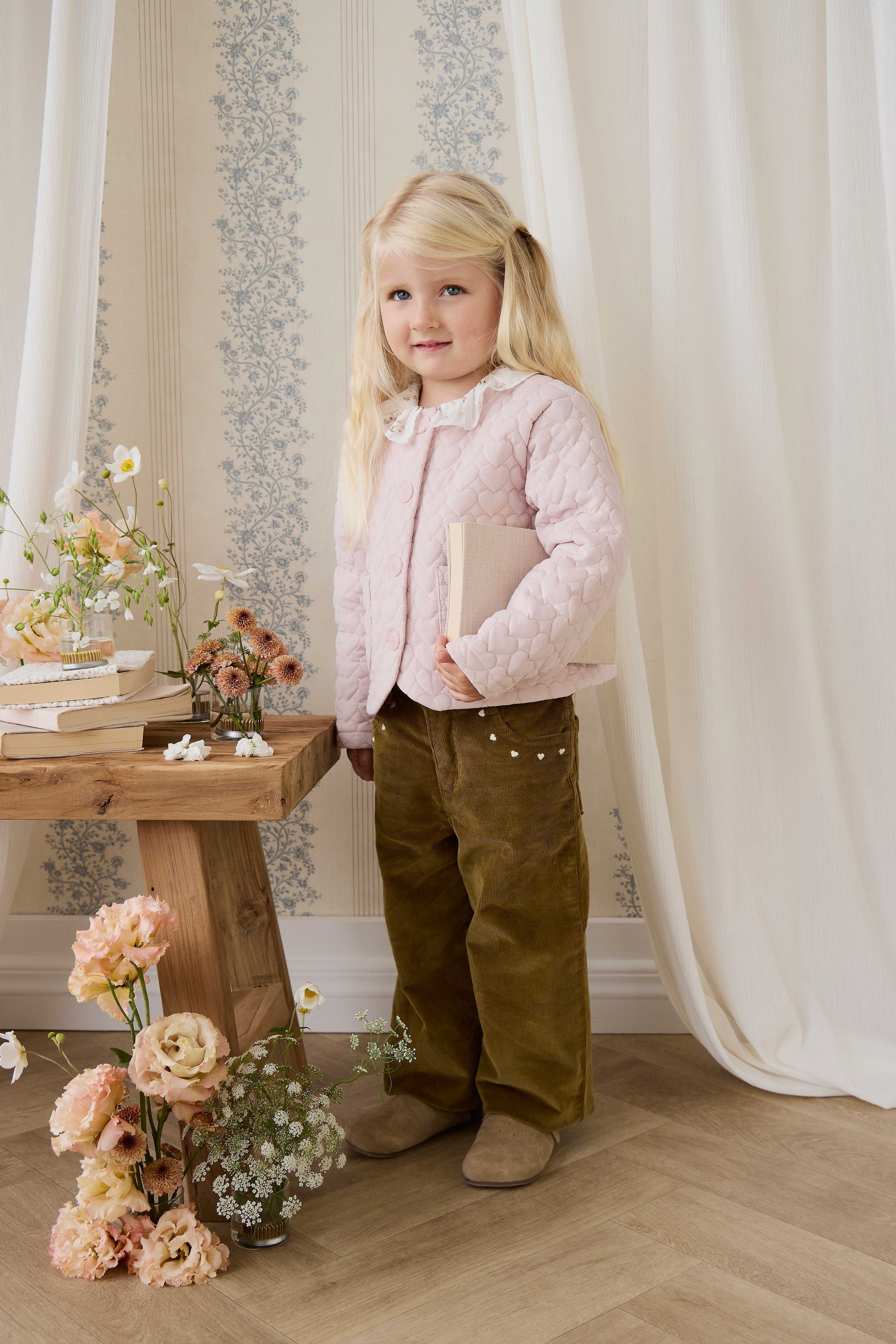 Veste boutonnée en velours côtelé matelassé rose brumeux pour filles, en coton chaud