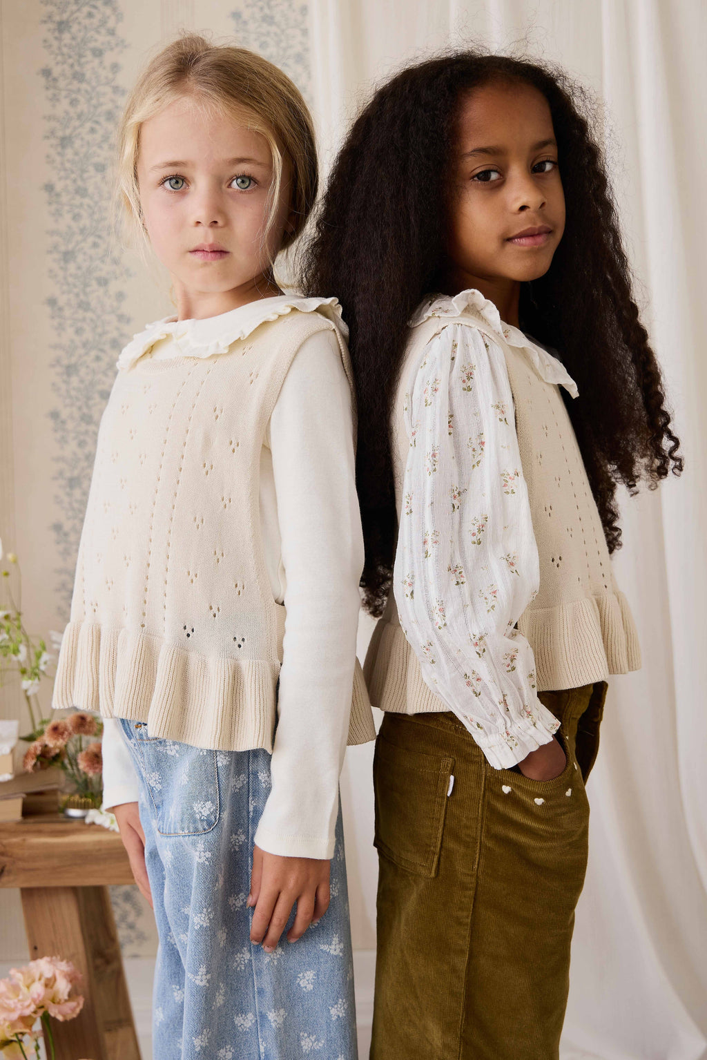 Haut sans manches en tricot texturé pour filles, en coton doux, col festonné, coloris vanille