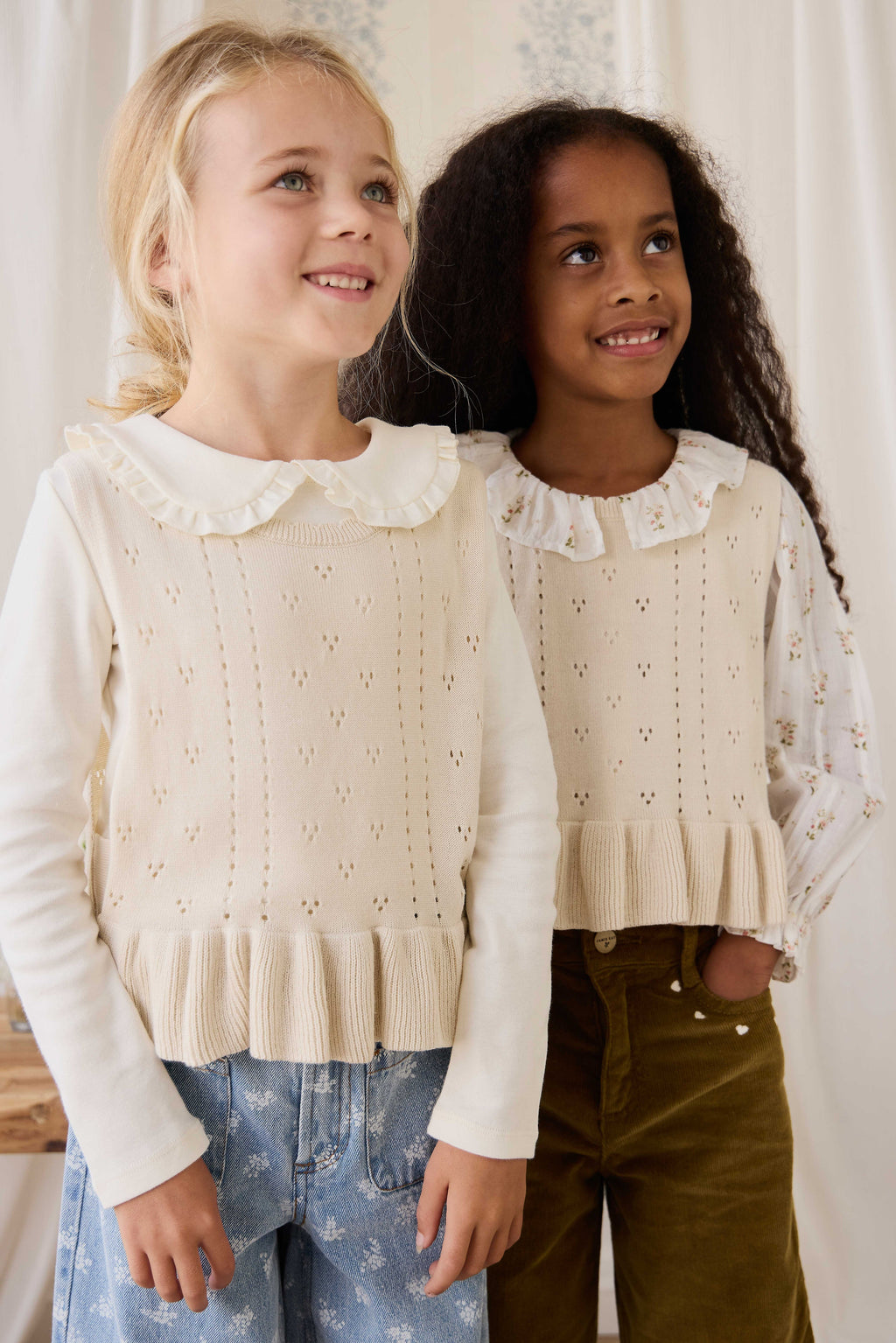 Haut sans manches en tricot texturé pour filles, en coton doux, col festonné, coloris vanille
