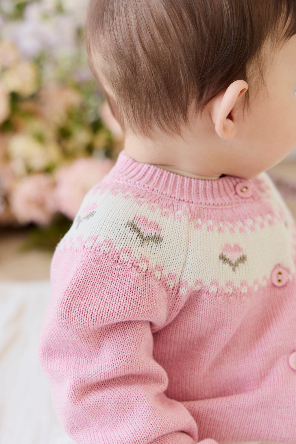 Gilet en tricot jacquard floral rose pour filles en coton, manches ballon, poignets côtelés