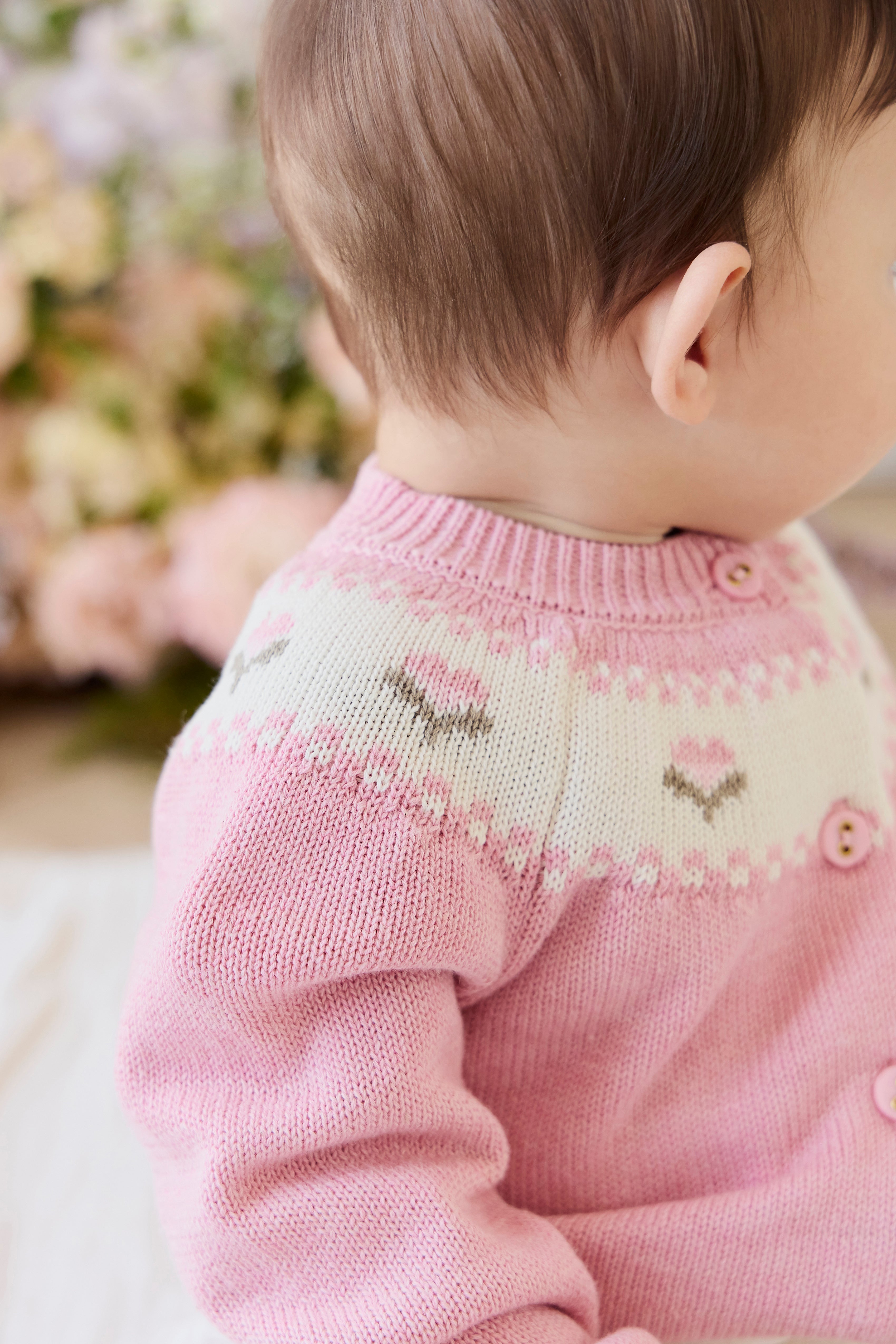 Gilet en tricot jacquard floral rose pour filles en coton, manches ballon, poignets côtelés