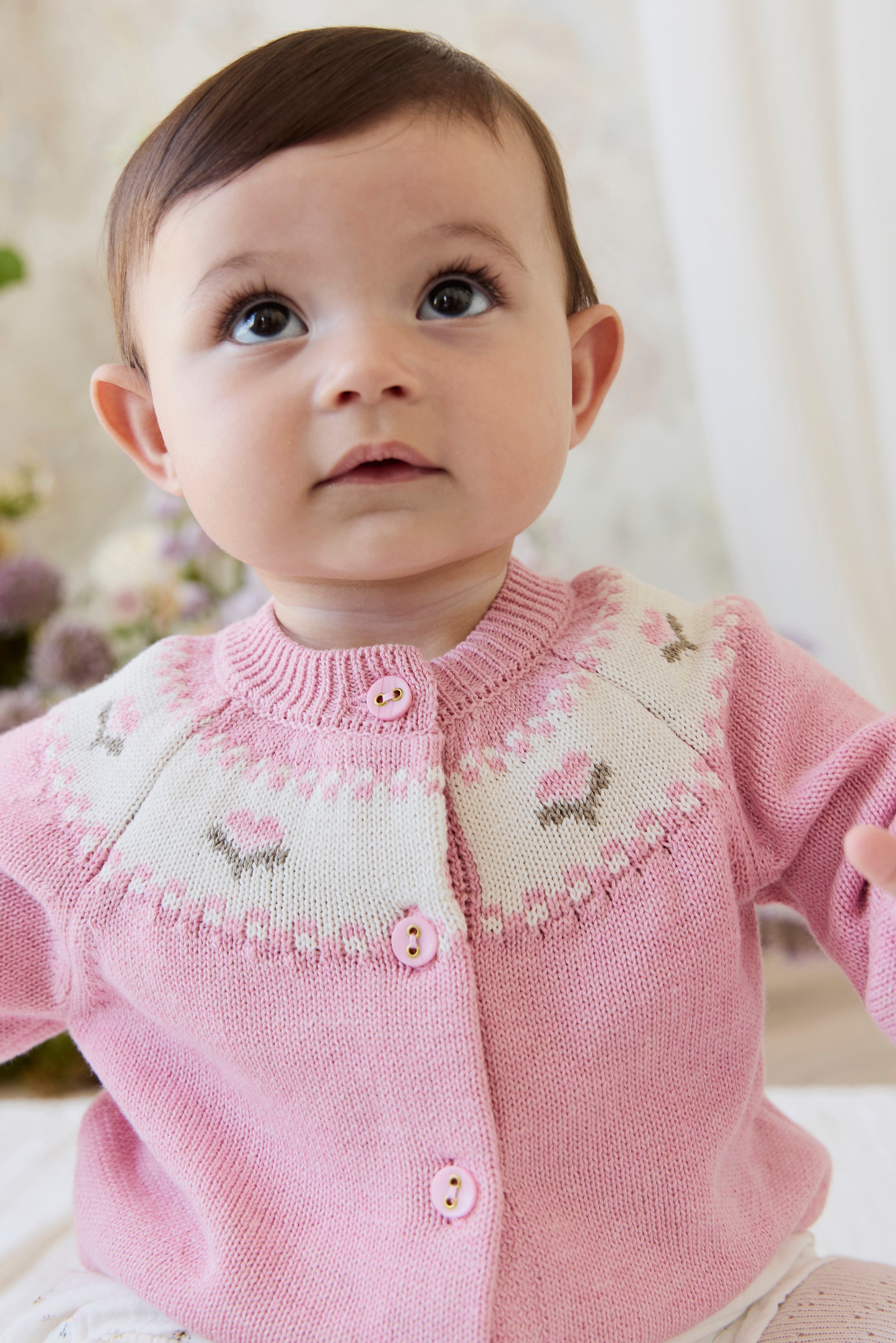 Gilet en tricot jacquard floral rose pour filles en coton, manches ballon, poignets côtelés