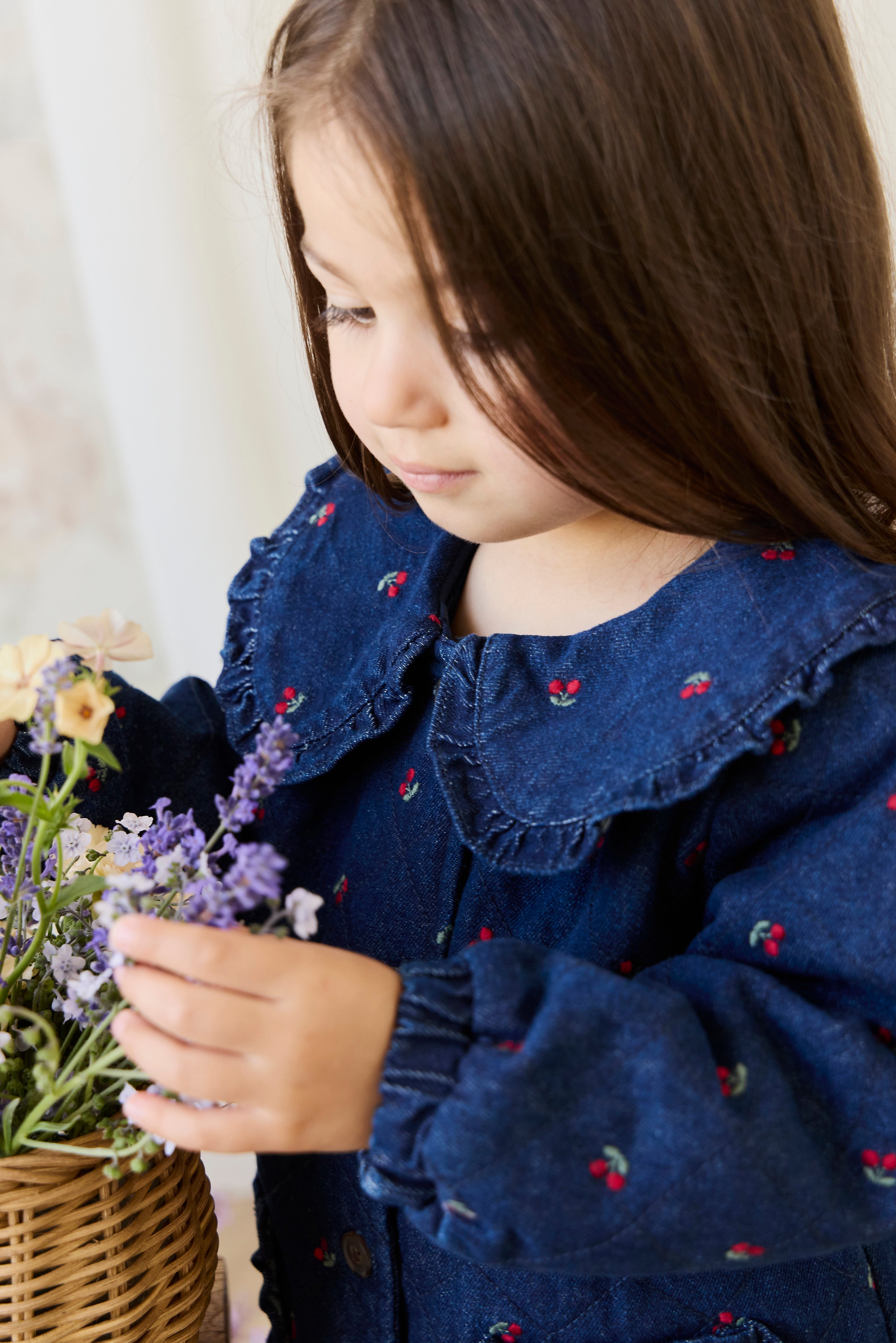 Filles Veste en Jean Imprimé Cerise Col Volants Boutonnée sur le Devant Bleu Cerise