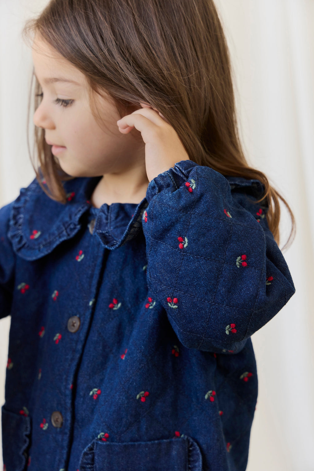 Filles Veste en Jean Imprimé Cerise Col Volants Boutonnée sur le Devant Bleu Cerise