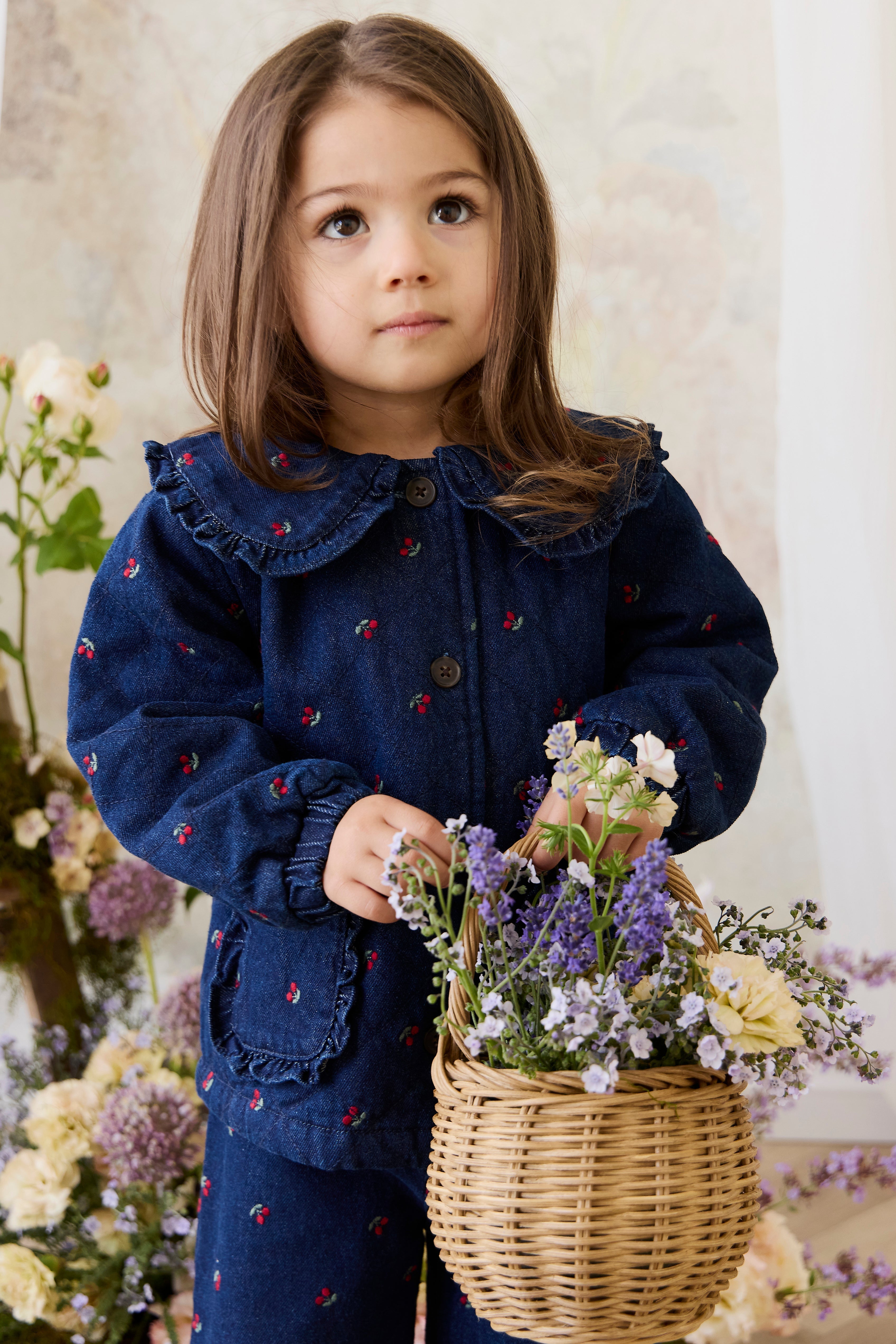 Filles Veste en Jean Imprimé Cerise Col Volants Boutonnée sur le Devant Bleu Cerise