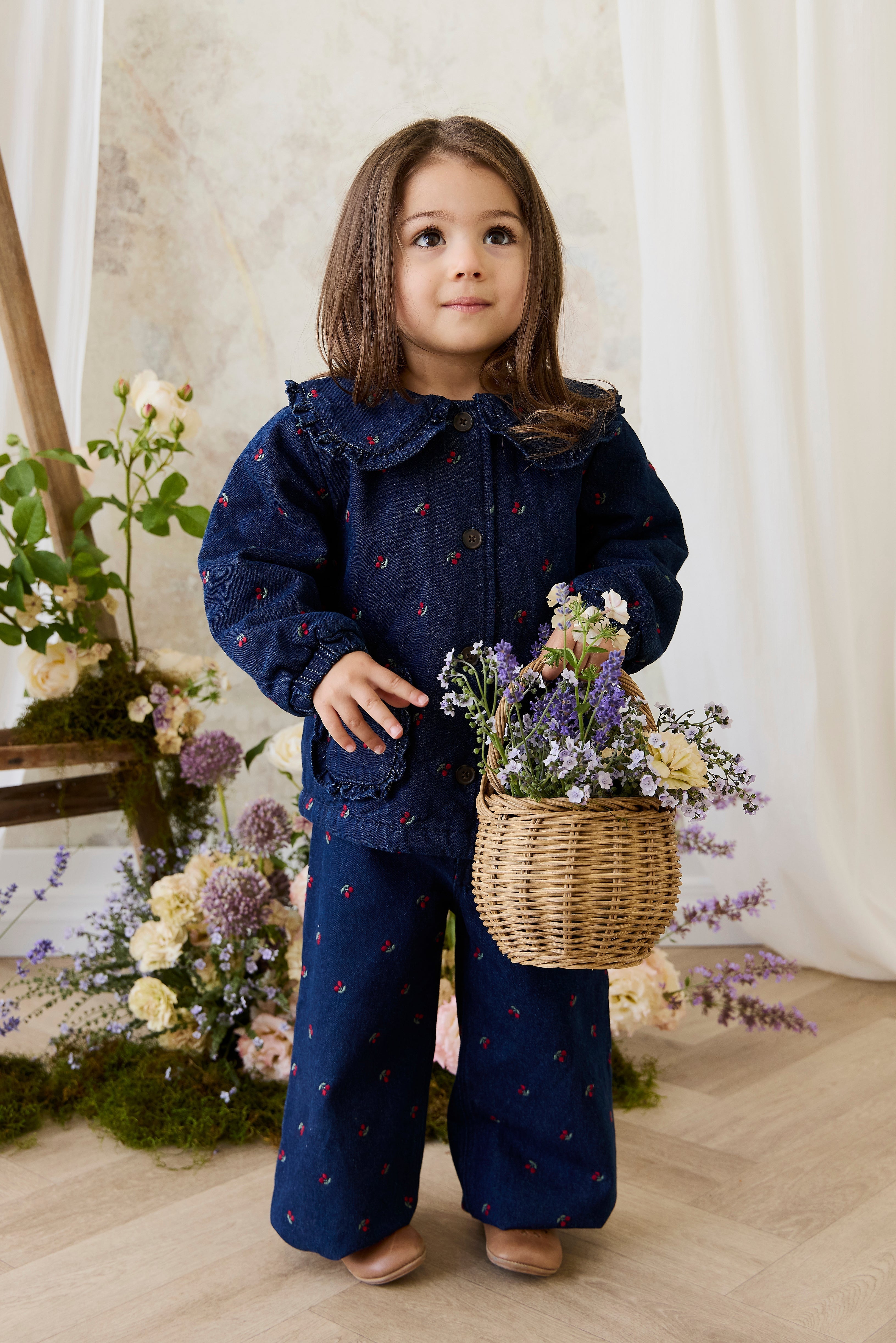 Filles Veste en Jean Imprimé Cerise Col Volants Boutonnée sur le Devant Bleu Cerise