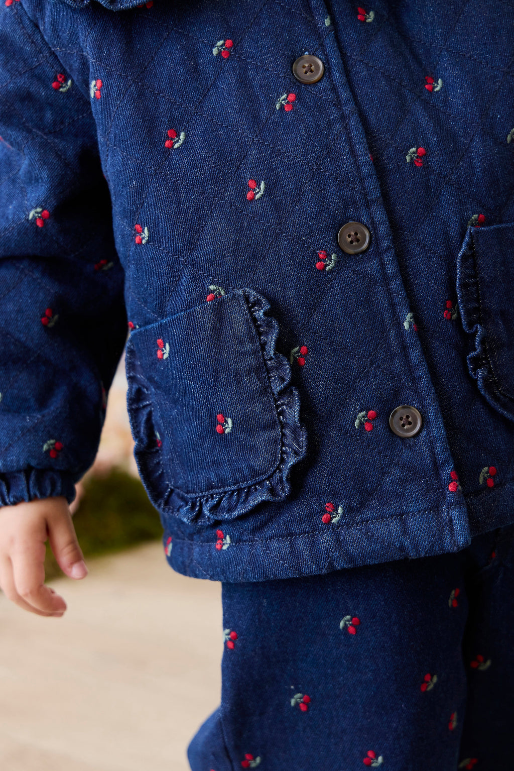 Filles Veste en Jean Imprimé Cerise Col Volants Boutonnée sur le Devant Bleu Cerise