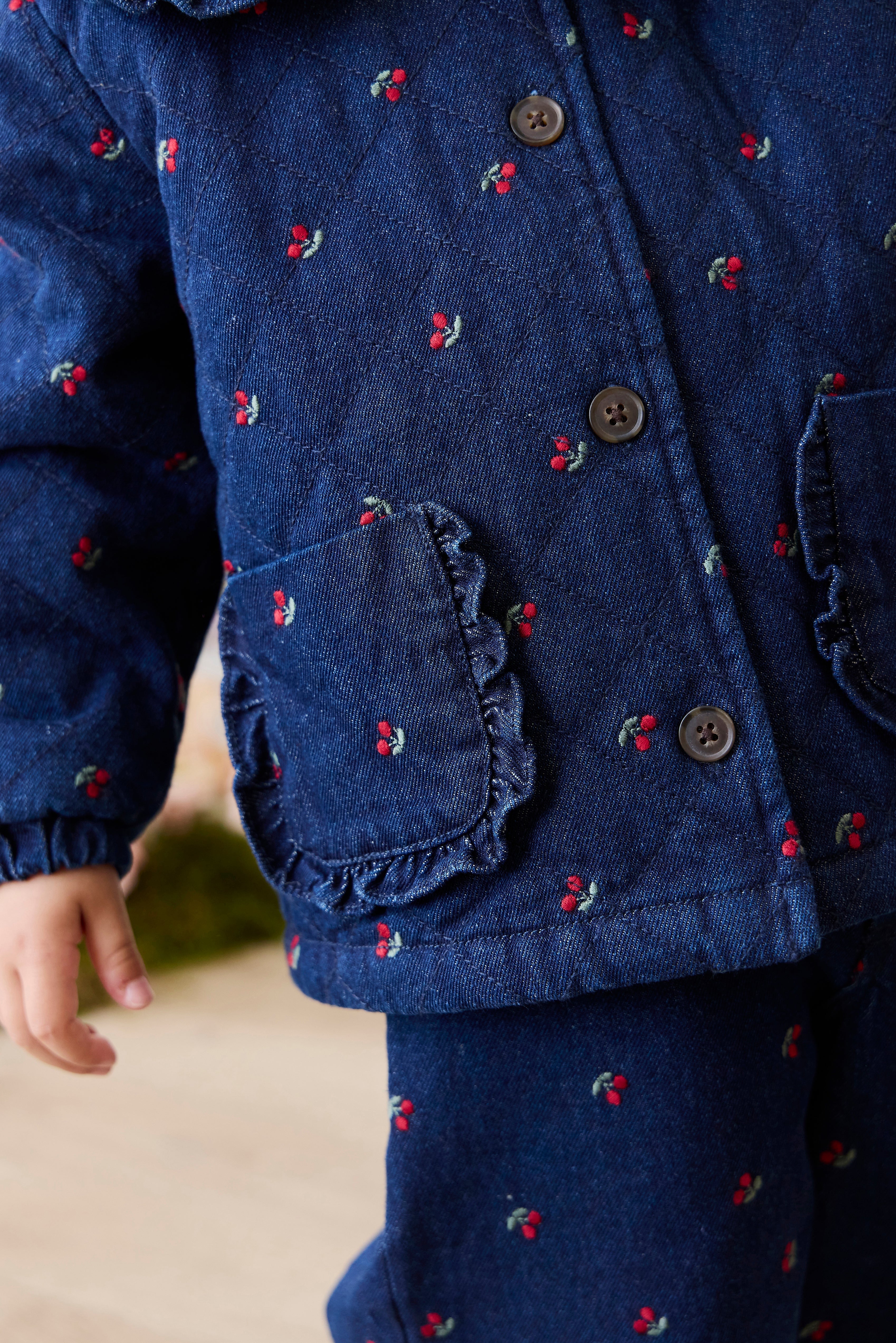 Filles Veste en Jean Imprimé Cerise Col Volants Boutonnée sur le Devant Bleu Cerise