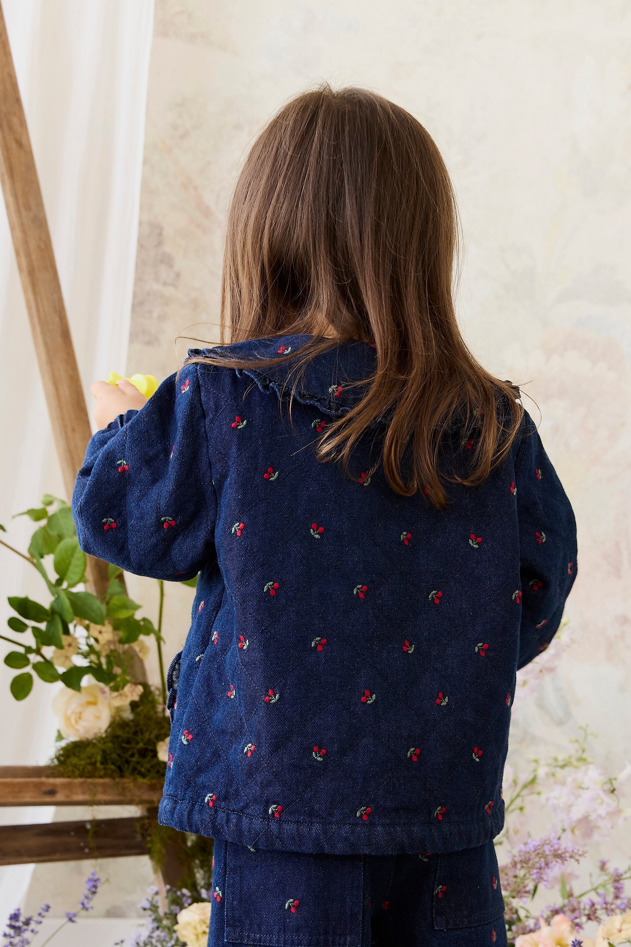 Filles Veste en Jean Imprimé Cerise Col Volants Boutonnée sur le Devant Bleu Cerise