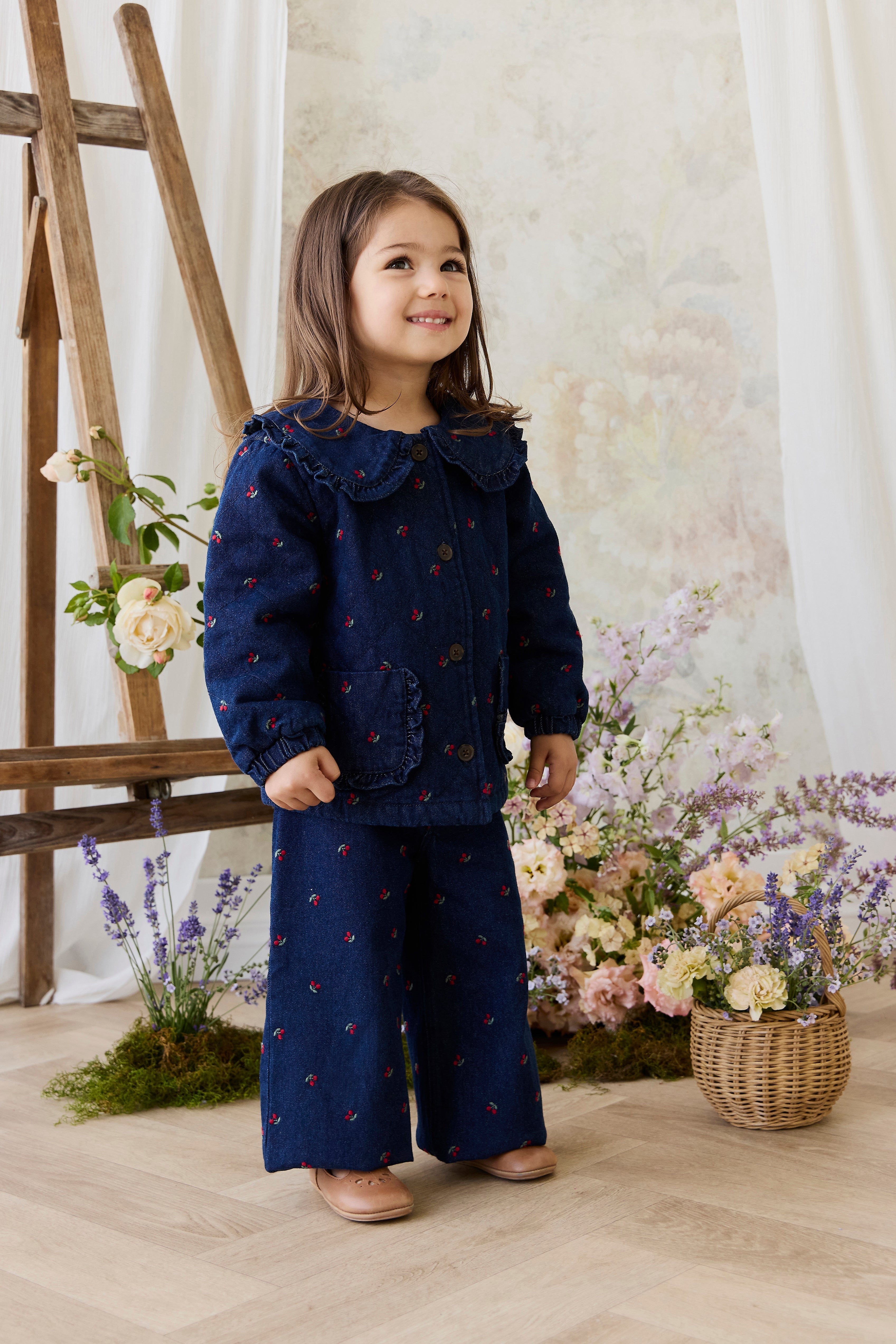 Filles Veste en Jean Imprimé Cerise Col Volants Boutonnée sur le Devant Bleu Cerise