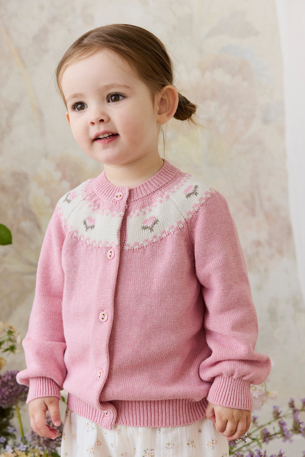 Gilet en tricot jacquard floral rose pour filles en coton, manches ballon, poignets côtelés