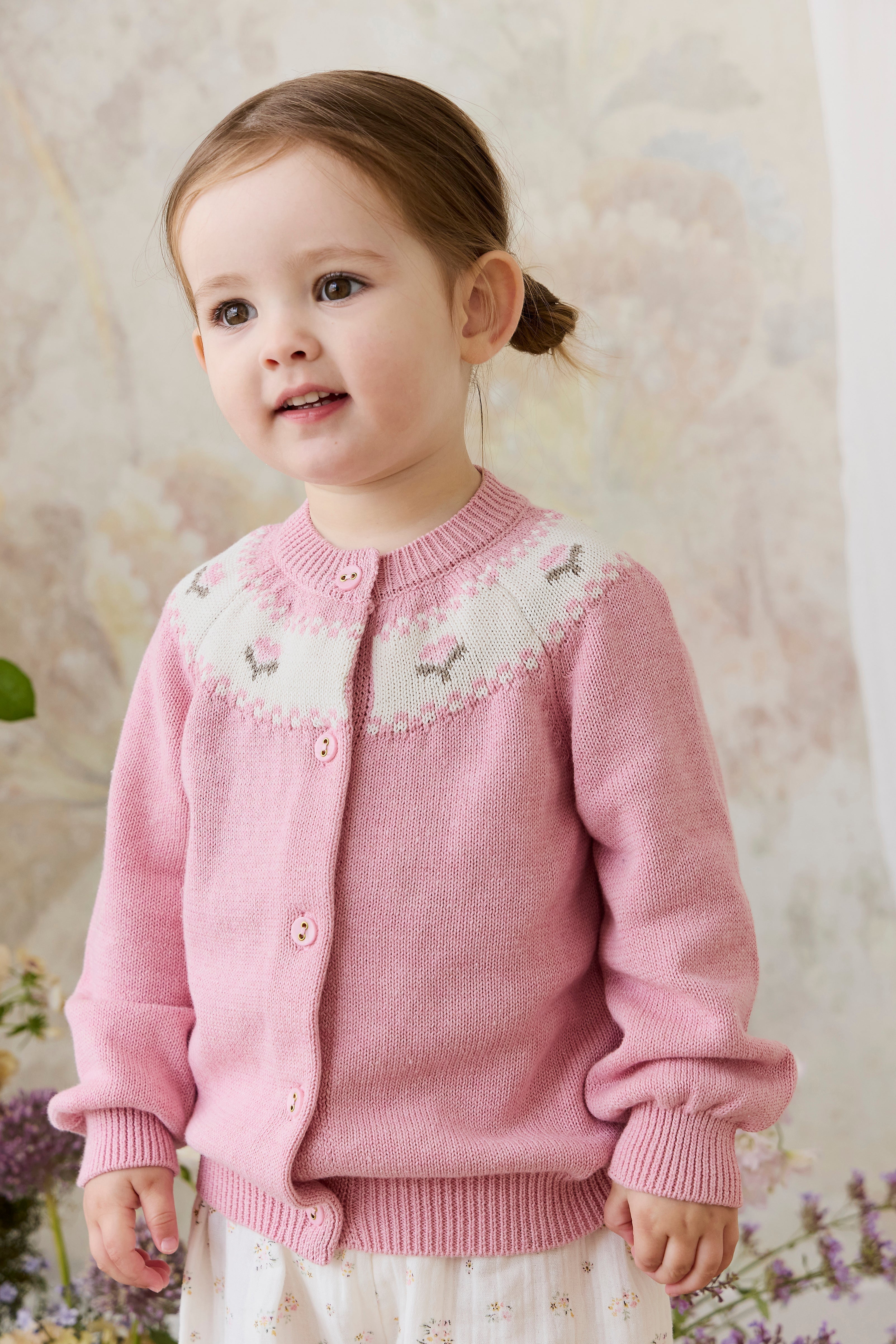 Gilet en tricot jacquard floral rose pour filles en coton, manches ballon, poignets côtelés