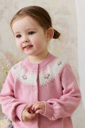 Gilet en tricot jacquard floral rose pour filles en coton, manches ballon, poignets côtelés