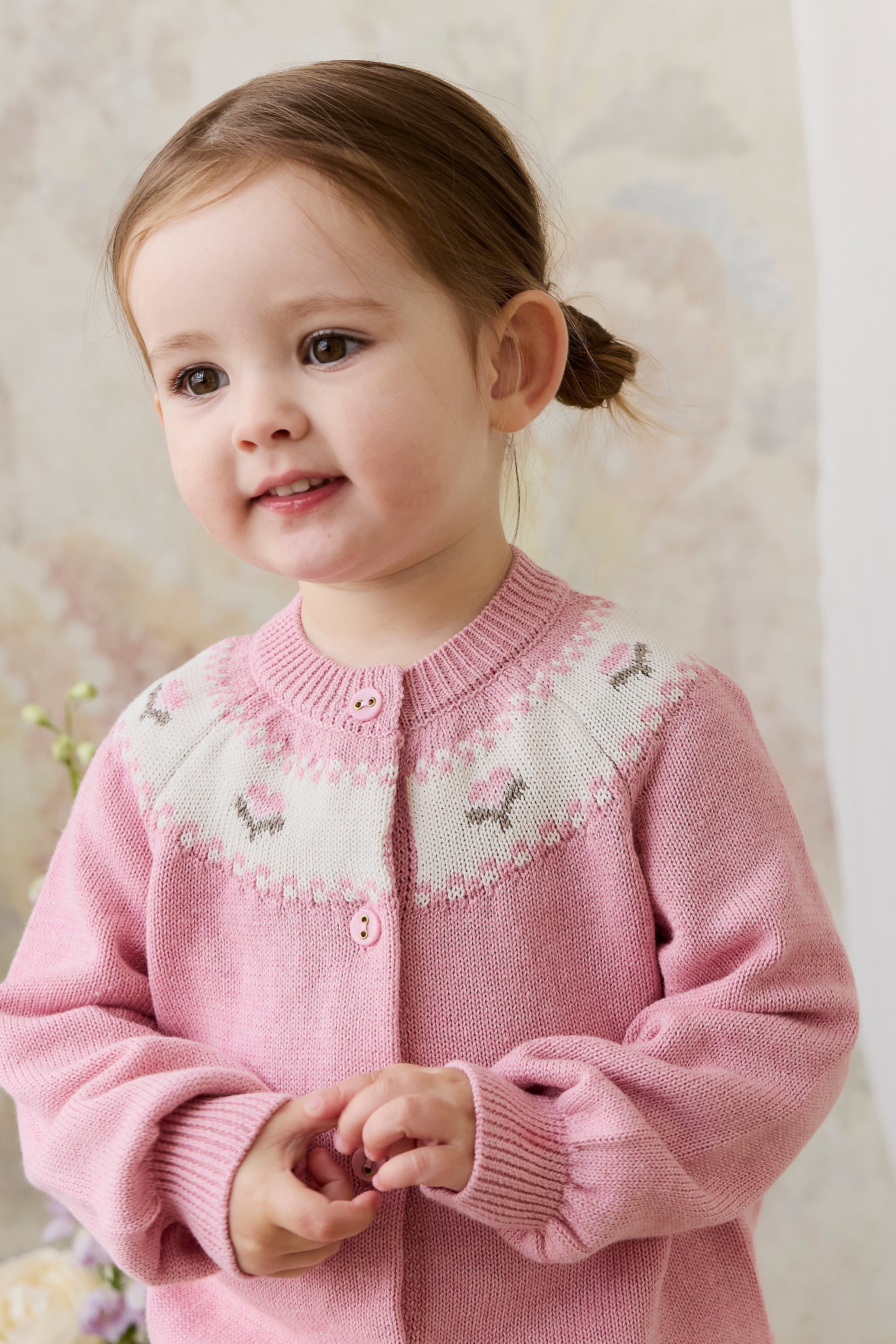 Gilet en tricot jacquard floral rose pour filles en coton, manches ballon, poignets côtelés