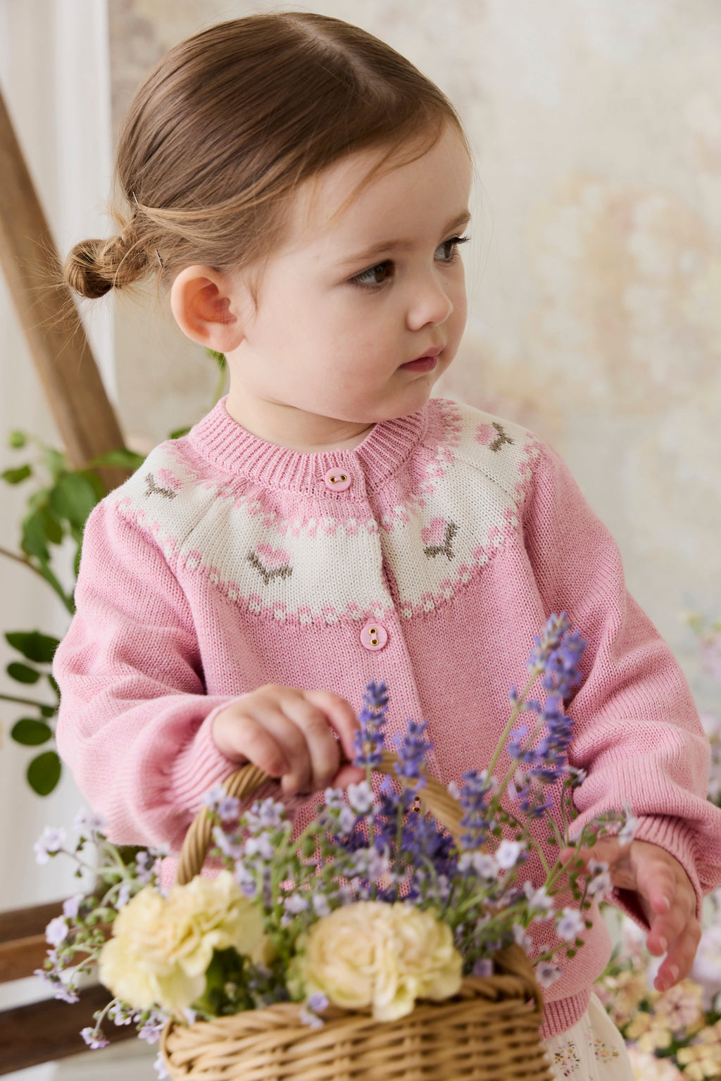 Gilet en tricot jacquard floral rose pour filles en coton, manches ballon, poignets côtelés