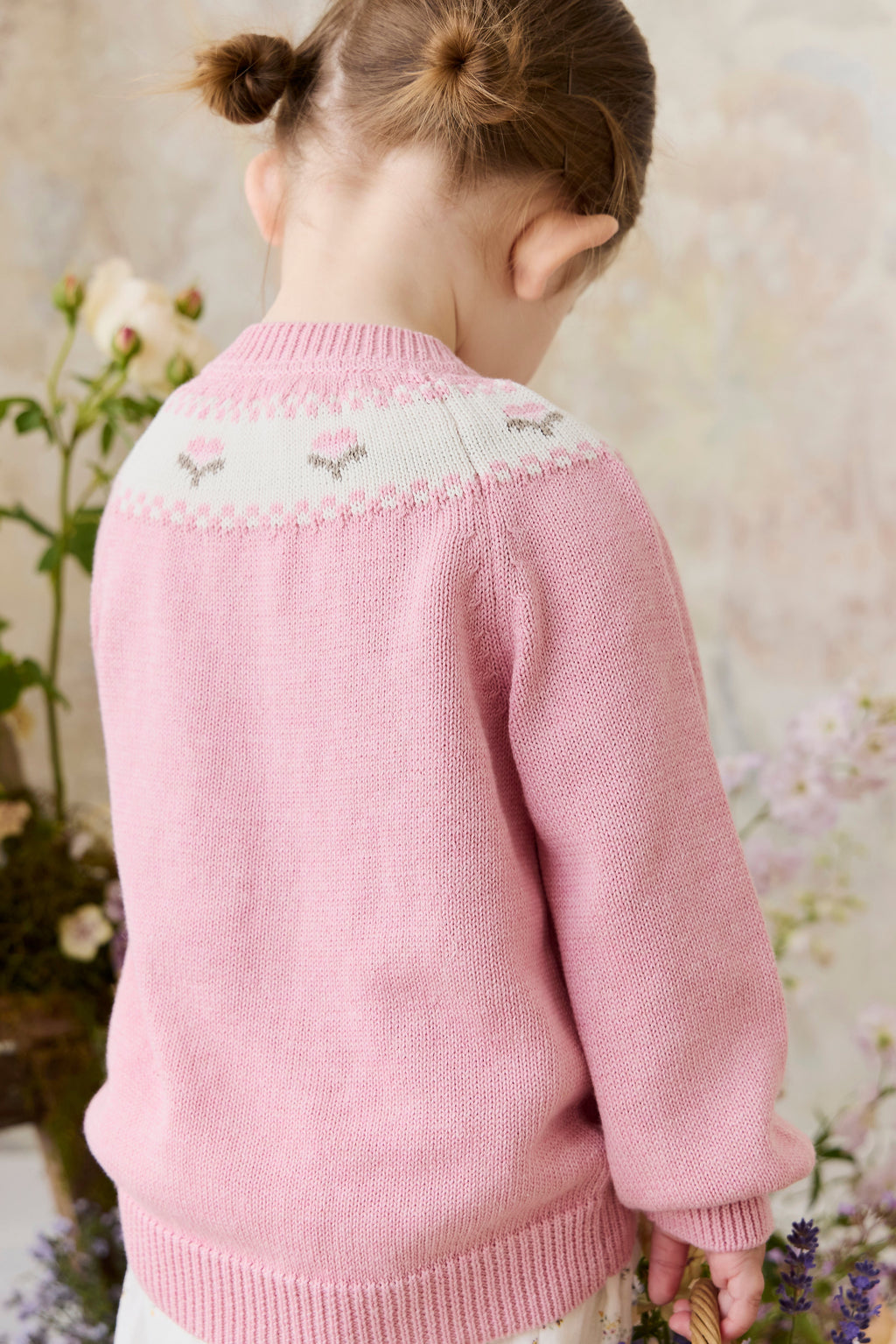 Gilet en tricot jacquard floral rose pour filles en coton, manches ballon, poignets côtelés